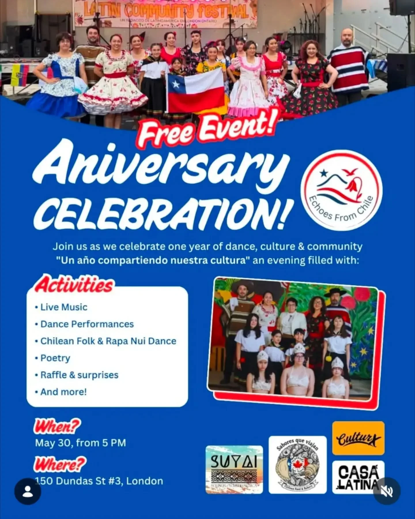 Este s&aacute;bado 30 de Mayo estaremos celebrando el aniversario de @echoesfromchile . Ser&aacute; una noche llena de cultura Chilena, con comida, m&uacute;sica, baile y mucho m&aacute;s! No te lo pierdas !