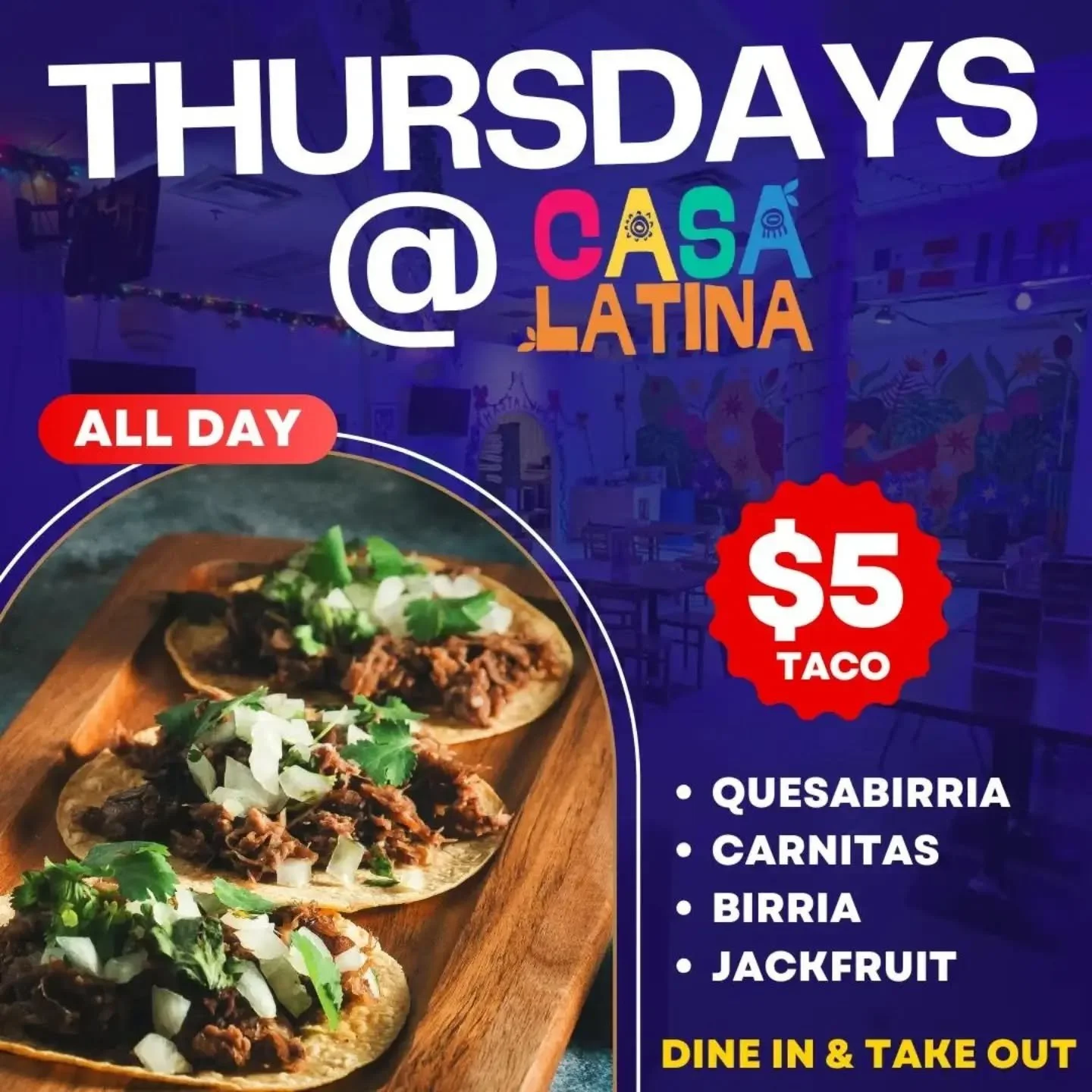 Cada Jueves tendremos una super promoci&oacute;n todo el d&iacute;a! Tacos a $5! Cualquier variedad. No te lo pierdas.

Casa latina 150 Dundas st London ON