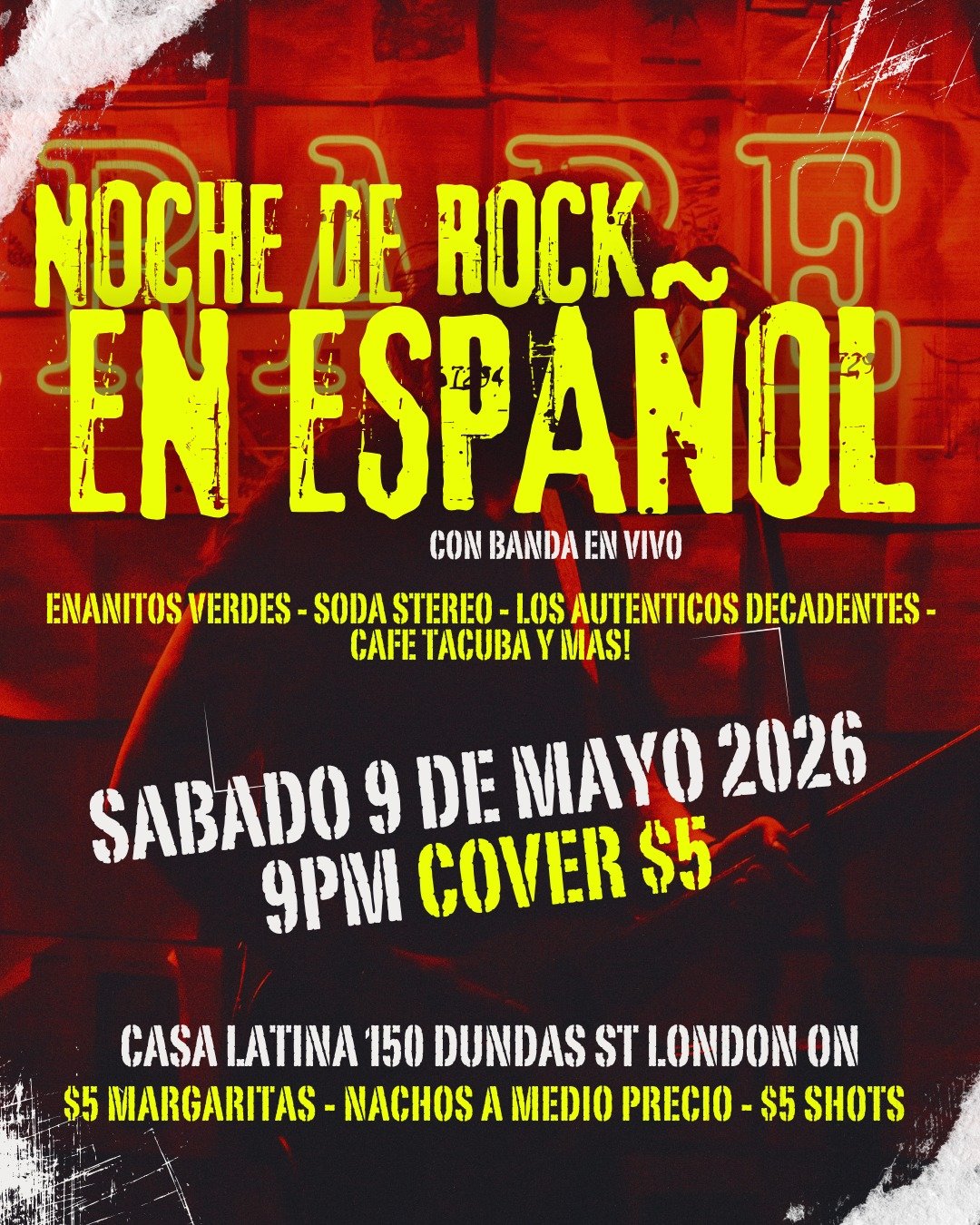 Noche de Rock en espa&ntilde;ol Este sabado 9 de mayo desde las 9 pm !
Con Banda en vivo no te lo pierdas! $5 Cover

Casa Latina 150 dundas st london ON