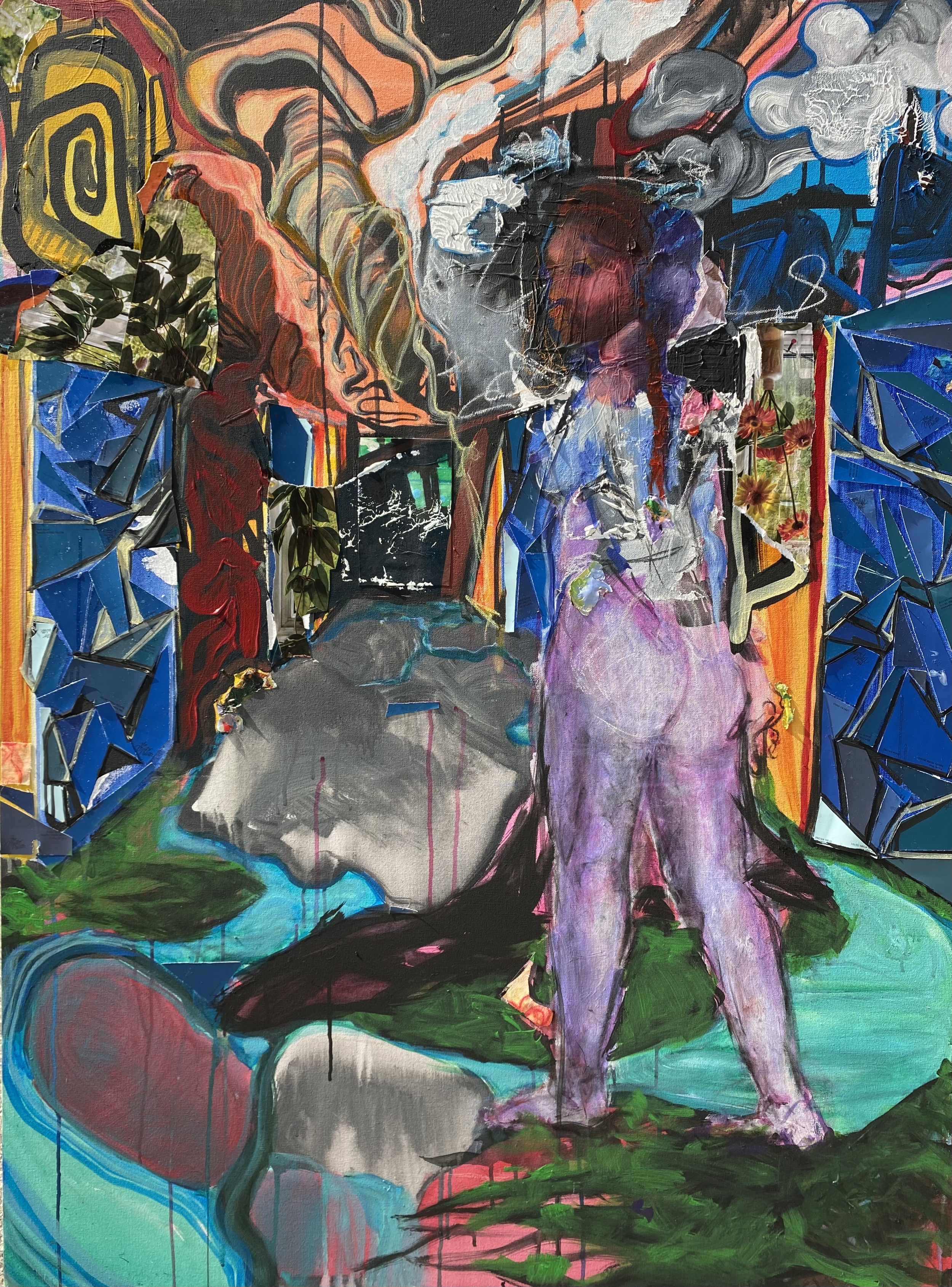 scorched earth - chalk pastel, collage, and wet media on canvas - 36''x48''