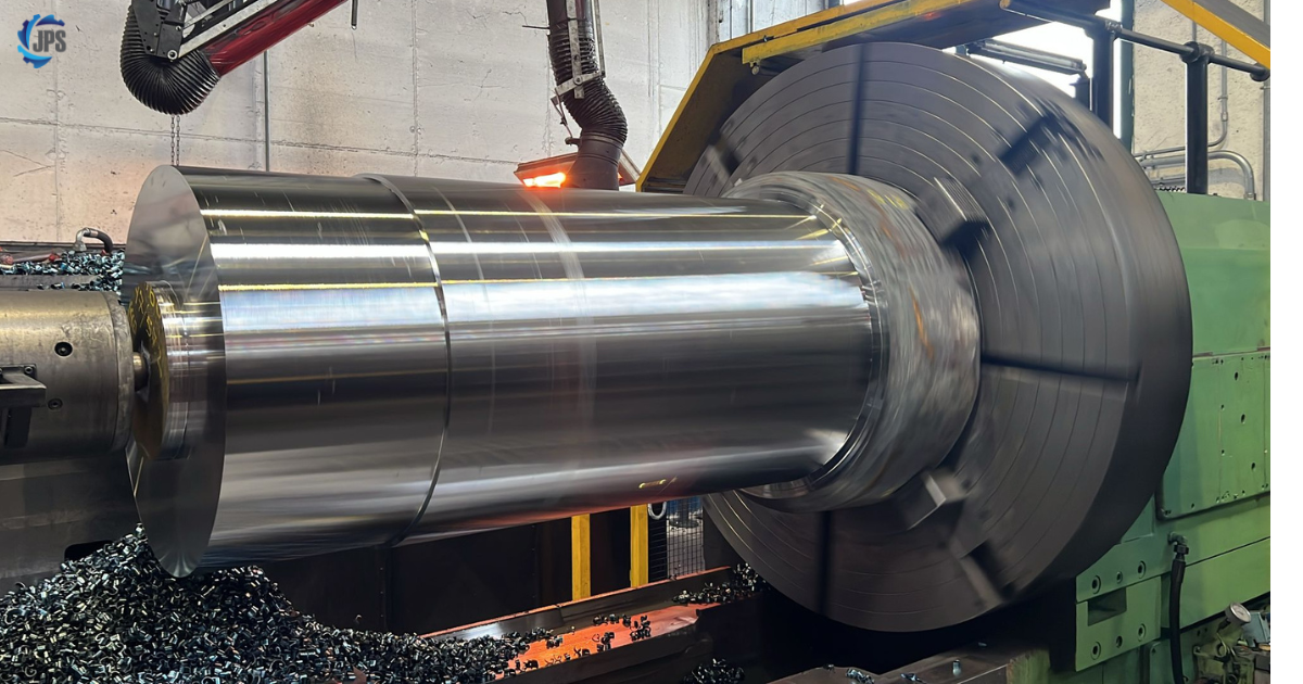 A large Hyperbaric testing chamber being machined on a lathe in an industrial workshop.