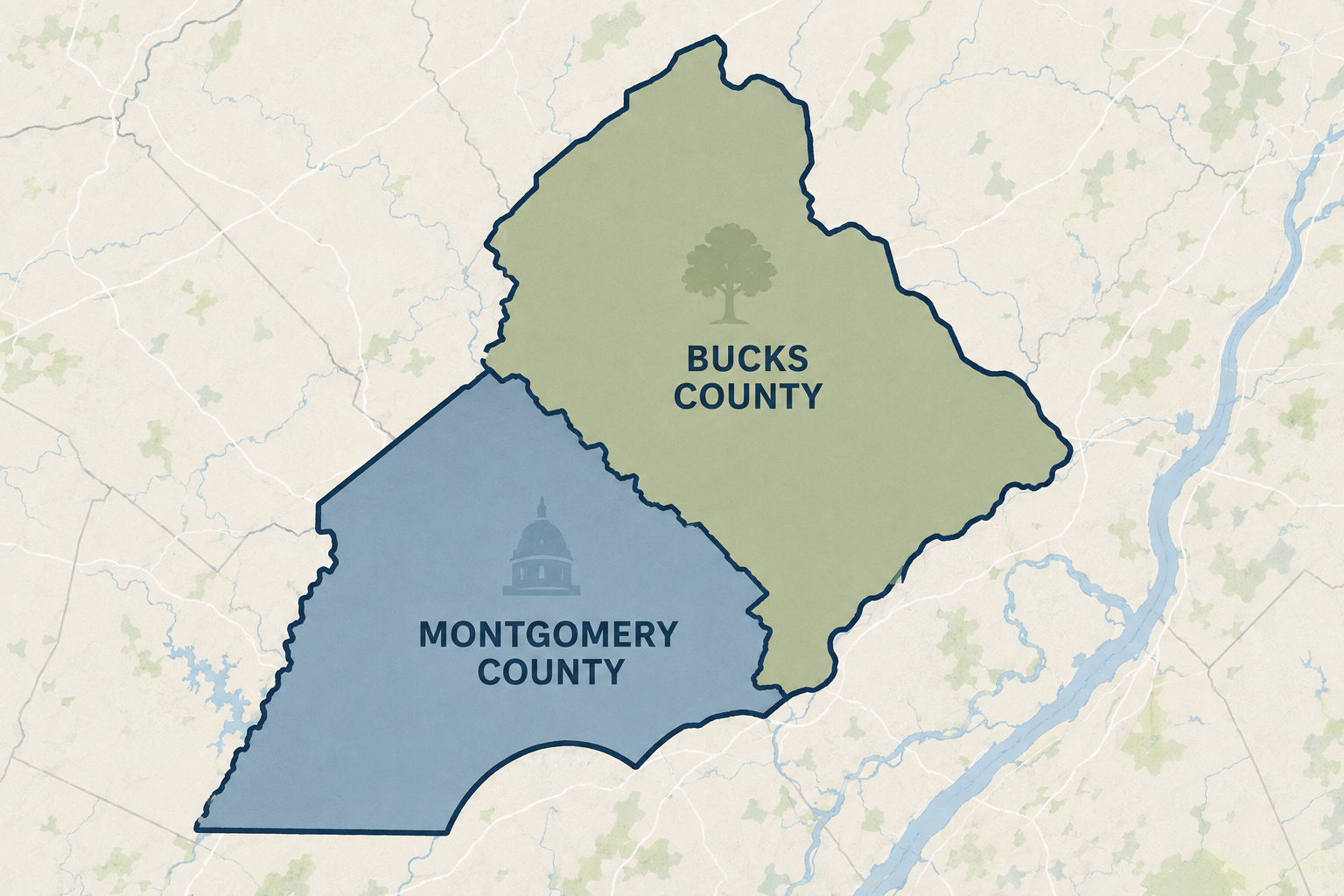 Map of Bucks County and Montgomery County, PA, highlighting the primary service area for Dale Rimmer Siding, providing siding, roofing, windows, doors, stucco remediation, and exterior remodeling services.