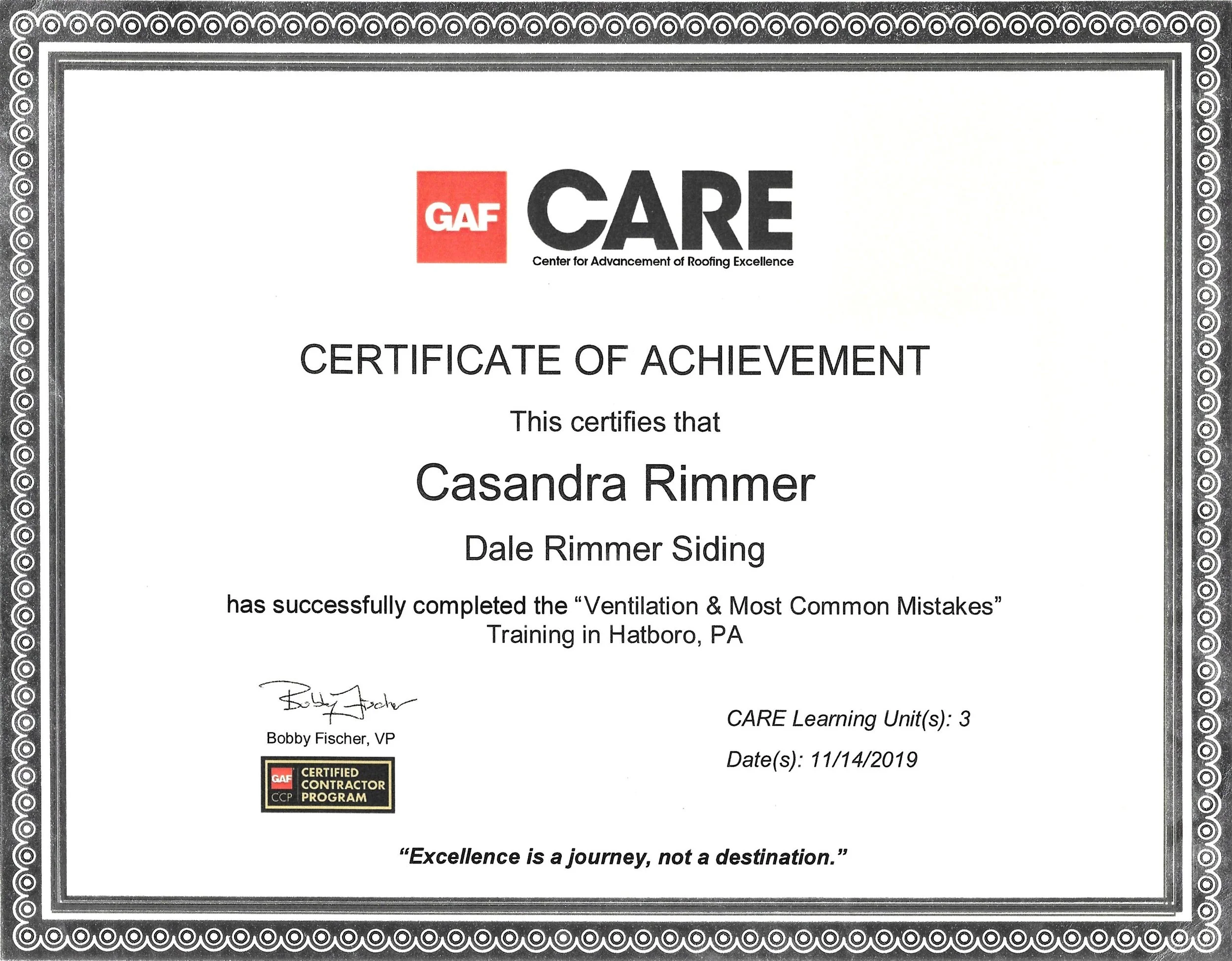 Casandra Rimmer GAF Roofing Certication for Roofing Ventilation and Roof Safety Procedures