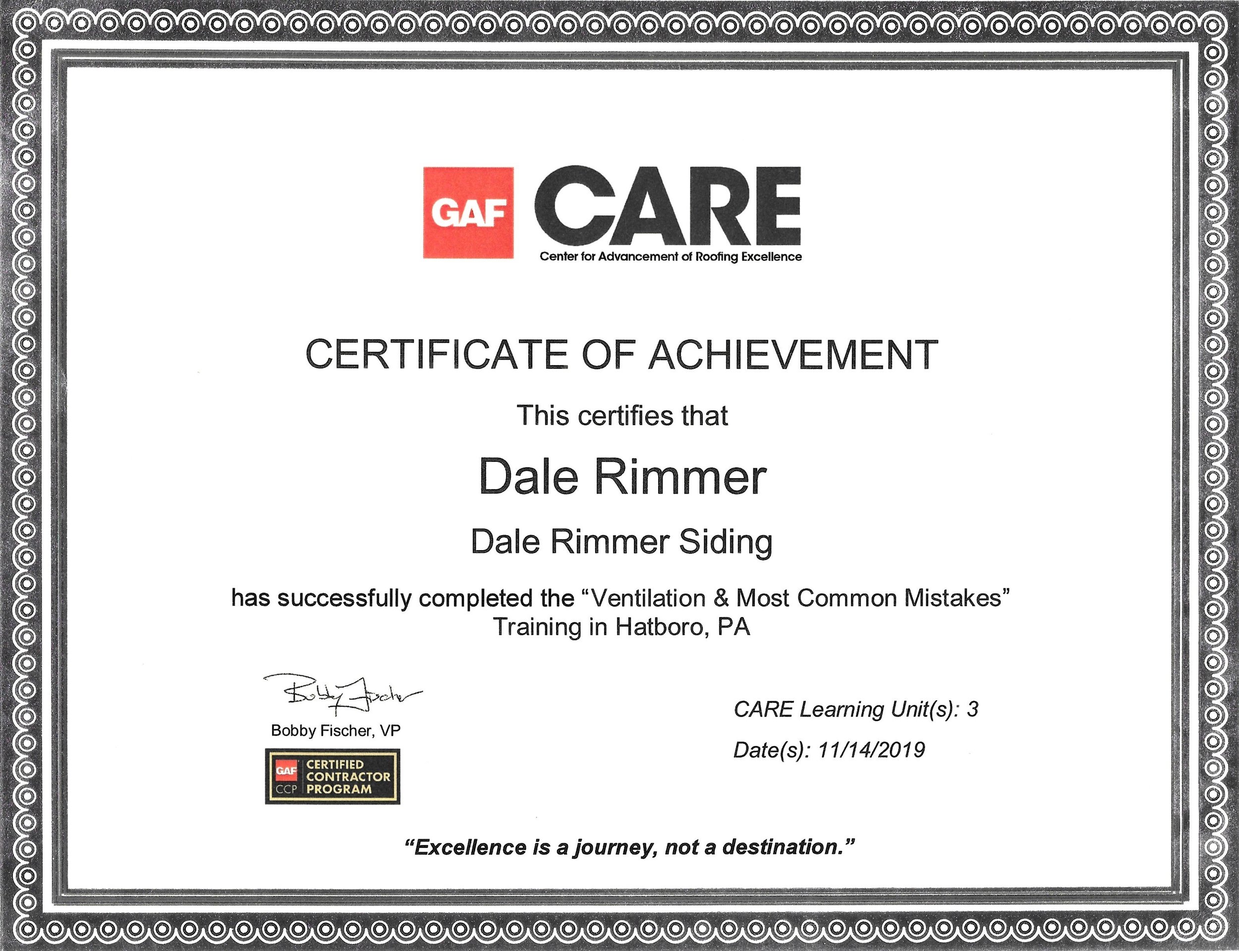 Dale Rimmer GAF Roofing Certication for Roofing Ventilation and Roof Safety Procedures