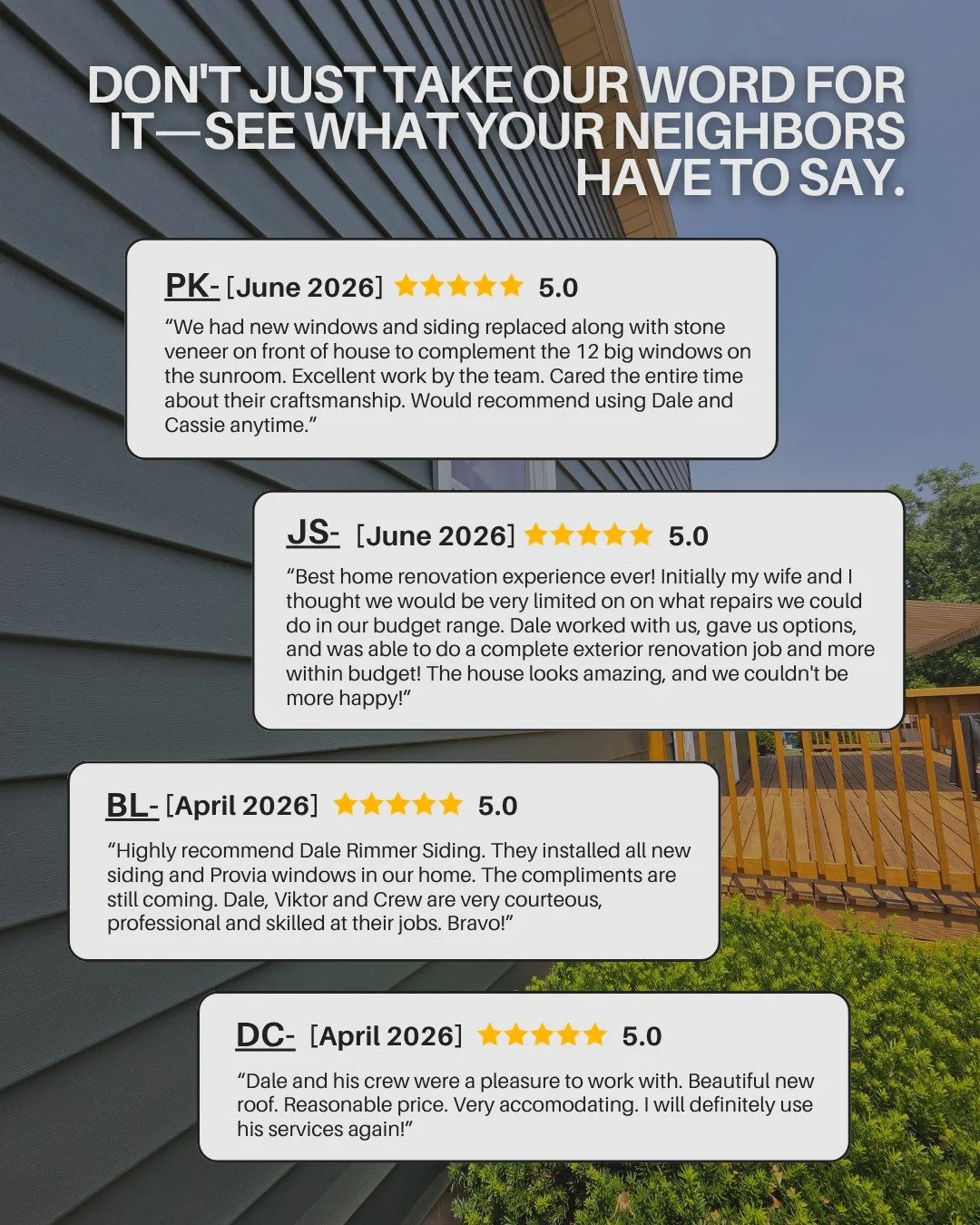 Behind every 5-star review is a family that trusted ours. ❤️
As a father/daughter-owned business, every kind word, recommendation, and review means more than you know. Thank you for allowing us to continue building on our family legacy. 

#DaleRimmer