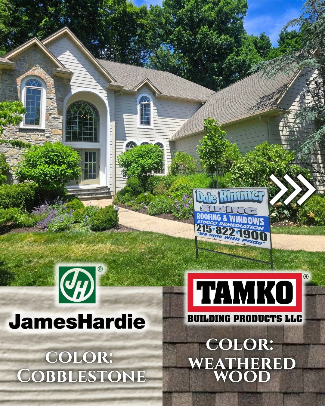 Stucco Remediation Project featuring: @jameshardie Fiber Cement Siding Installation in color: Cobblestone and @tamkobuildingproducts Titan XT Roofing System in color: Weathered Wood #Doylestownpa #dalerimmersiding #chooselocal #buckscountypa #roofing