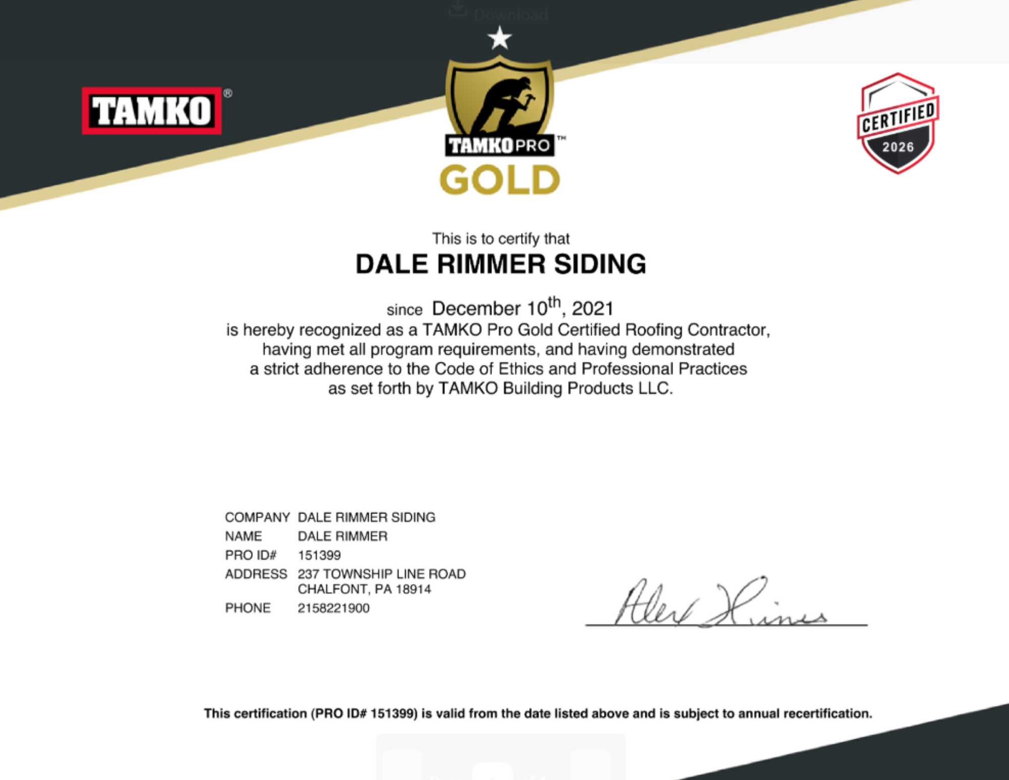 Dale Rimmer Siding team installing a TAMKO roofing system with enhanced warranty for long-lasting protection. TAMKO Pro Contractor