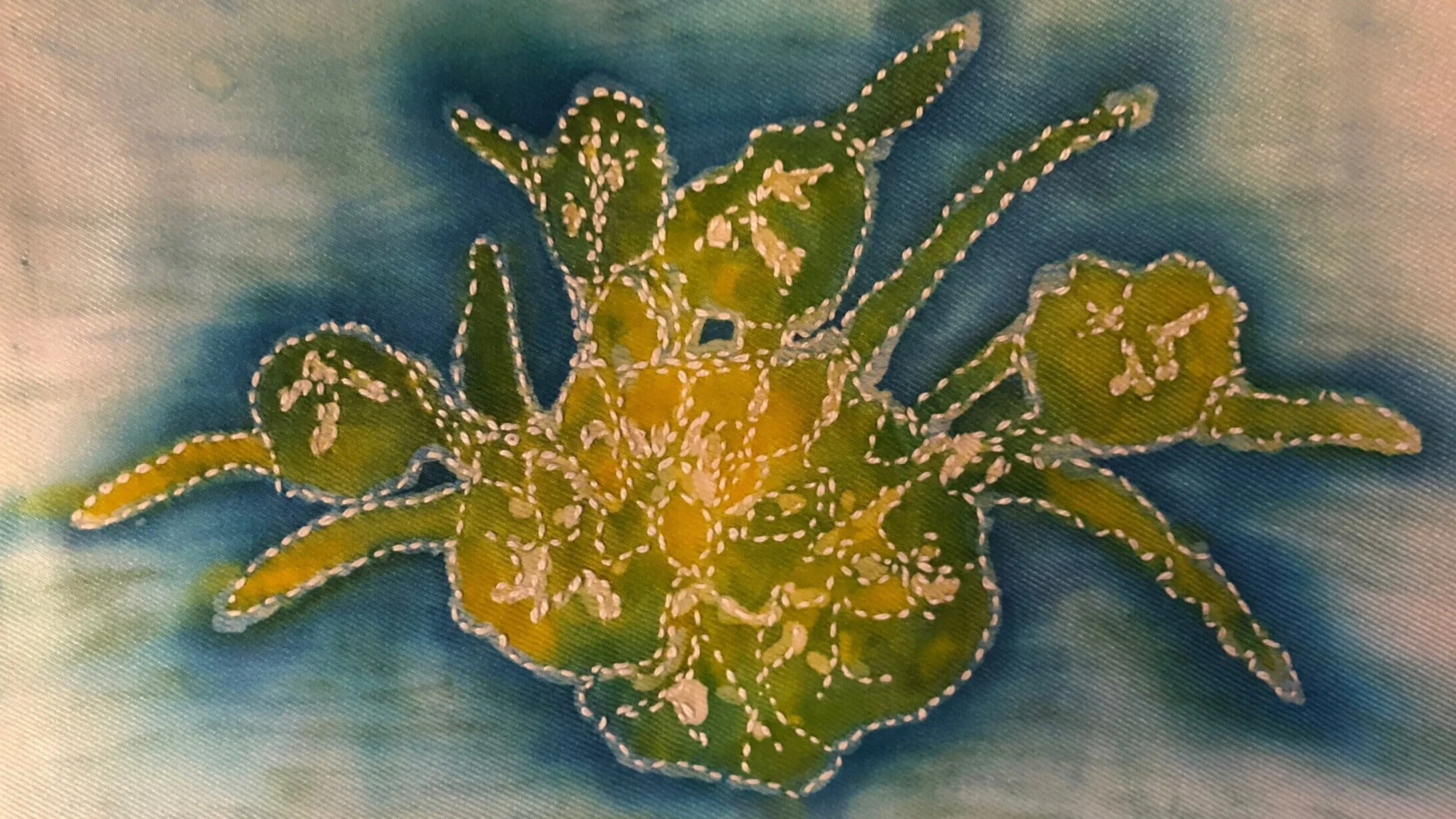 Waterlily Under Glass (table top): painted silk, batik, sashiko slow stitching, 11"x7". (out-of-stock)