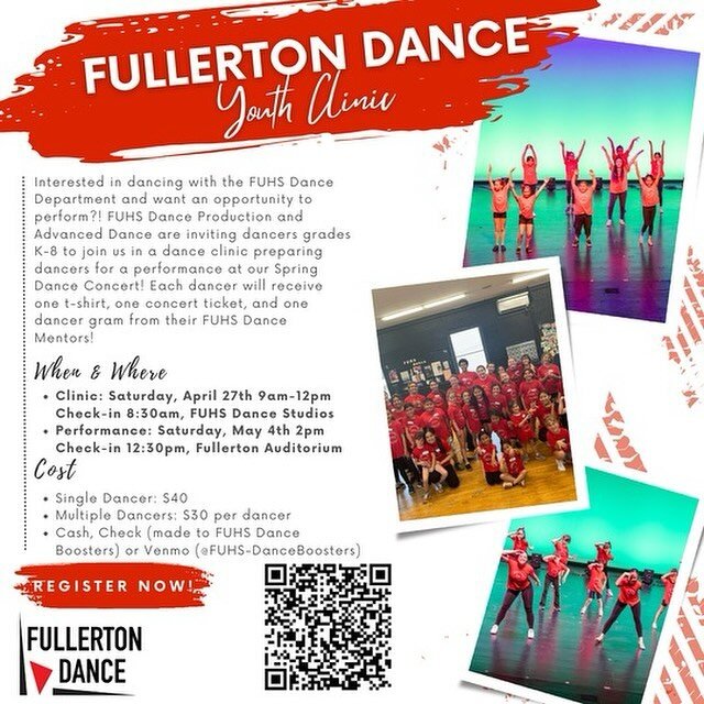 Fullerton Dance Youth Clinic Saturday April 27th 9:00-12:00pm. Performance Saturday May 4th.