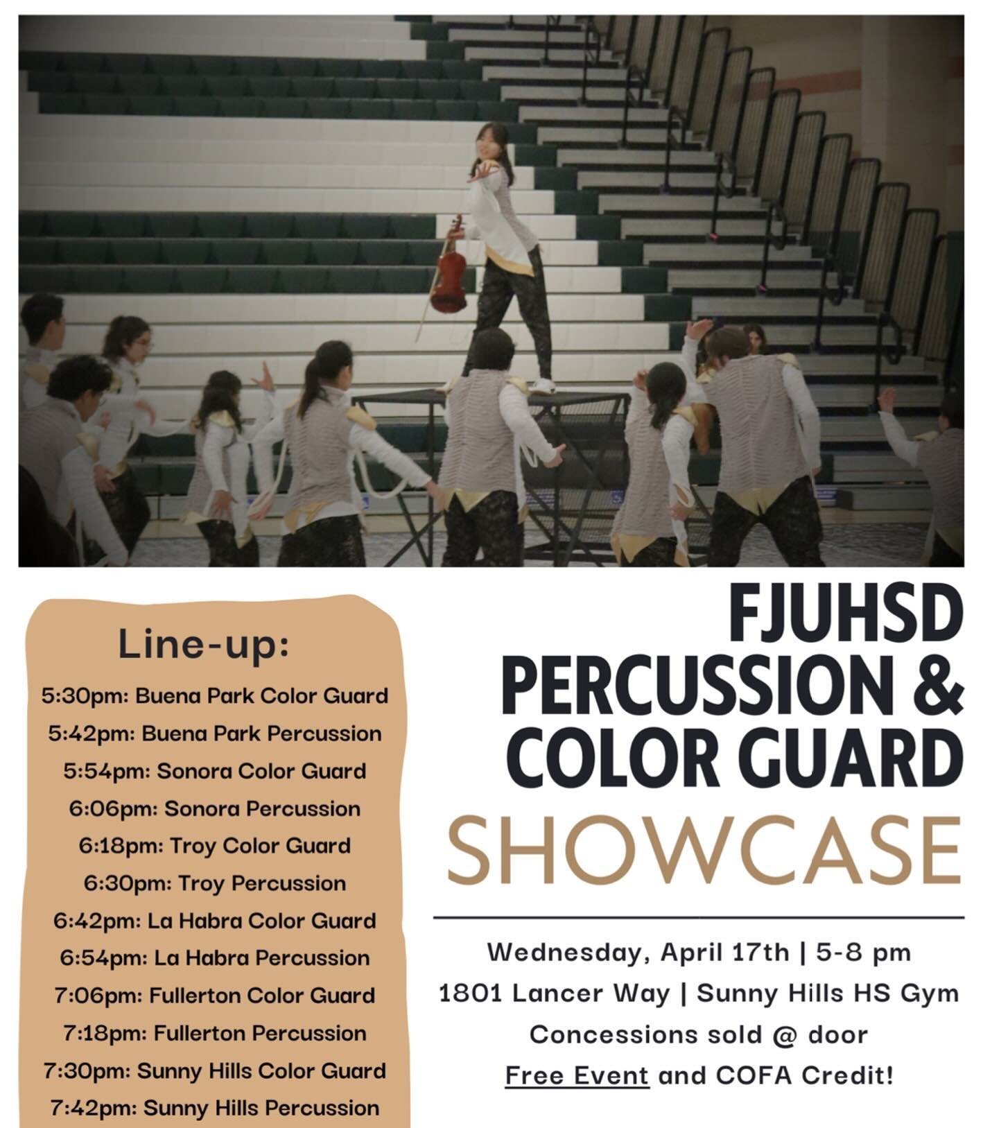 FJUHSD Percussion and Color Guard Showcase! Wednesday April 17th in the Sunny Hills High School Gym. FREE EVENT. @winstonthelancer @troyhighdrumline  @troyhighmusicprogram @fuhsinstmusic @lahabrabands @shhs_musicdept @sohs_band