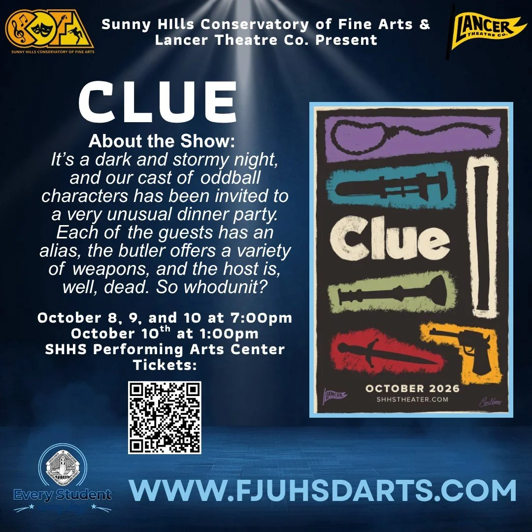 Wishing all of the Cast and Crew of CLUE a great run! Break legs tonight and have the best time telling this story!

Show Dates and Times:
Thu. Oct 8th 2026, 7:00 pm
Fri. Oct 9th 2026, 7:00 pm
Sat. Oct 10th 2026, 1:00 pm
Sat. Oct 10th 2026, 7:00 pm

