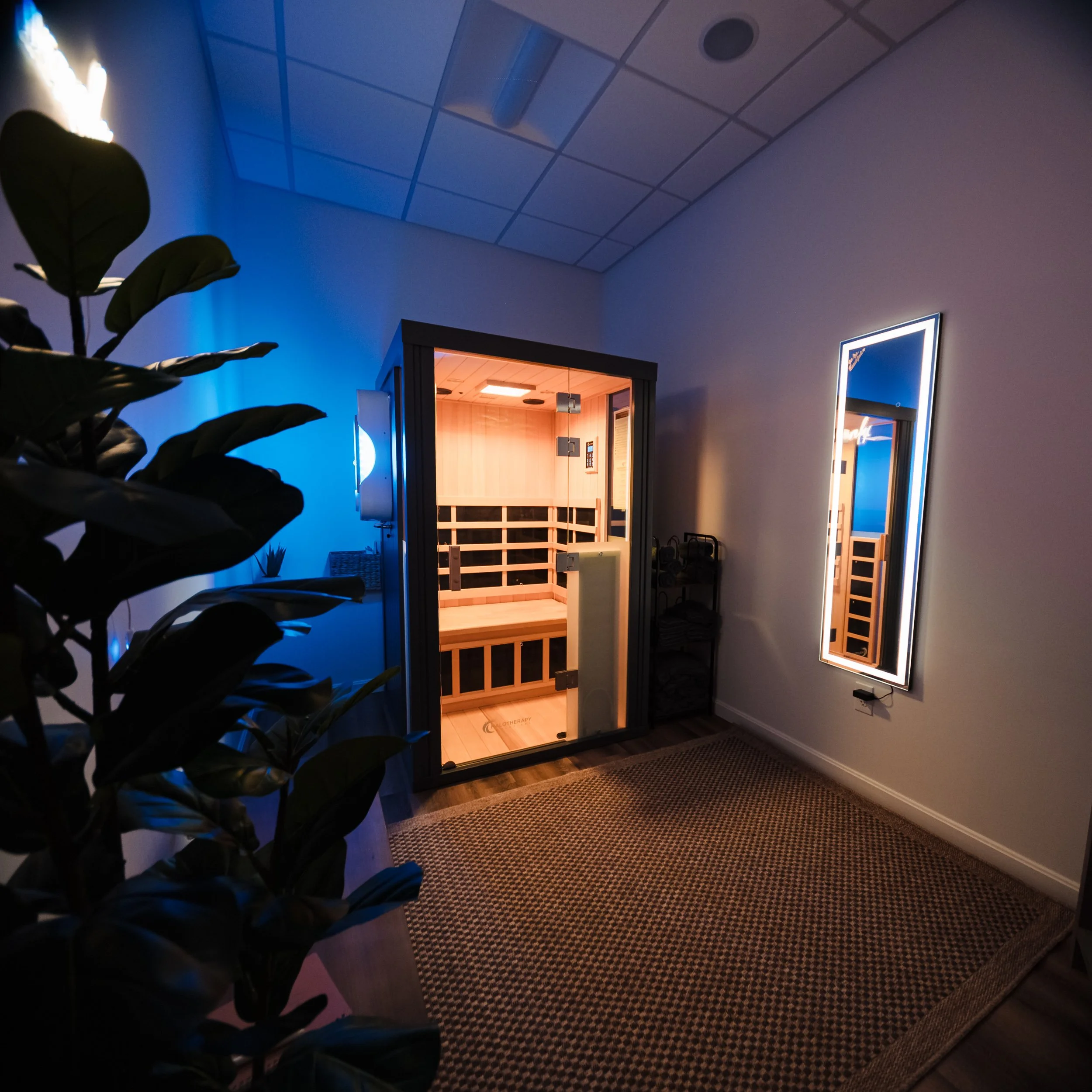 Interior of a modern room with dim lighting, a plant on the left, a glass sauna or pod with wooden interior in the center, and a full-length mirror on the right, illuminated by LED lights.