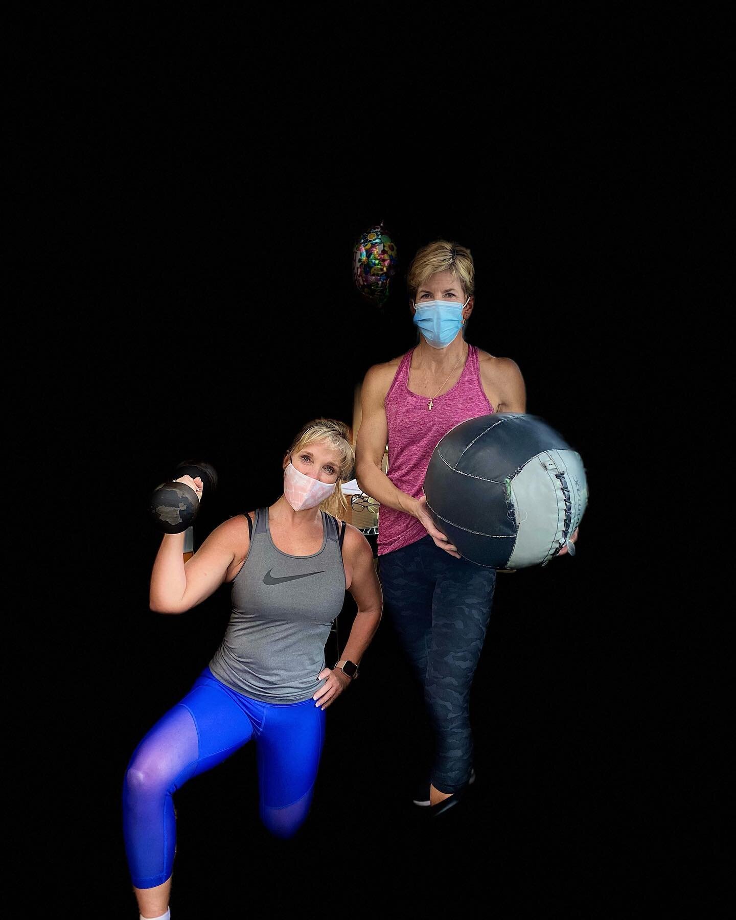 Let the birthday celebrations begin! These two kicked off year 55 with an awesome workout. Cheers to being strong ladies! 🎉 🎈 💪 
🥳 
🥳
🥳
#strongwomen #birthdayworkout #bettereveryday #rufffitness #trainsmart #ageisbutanumber #strong #partnerwork