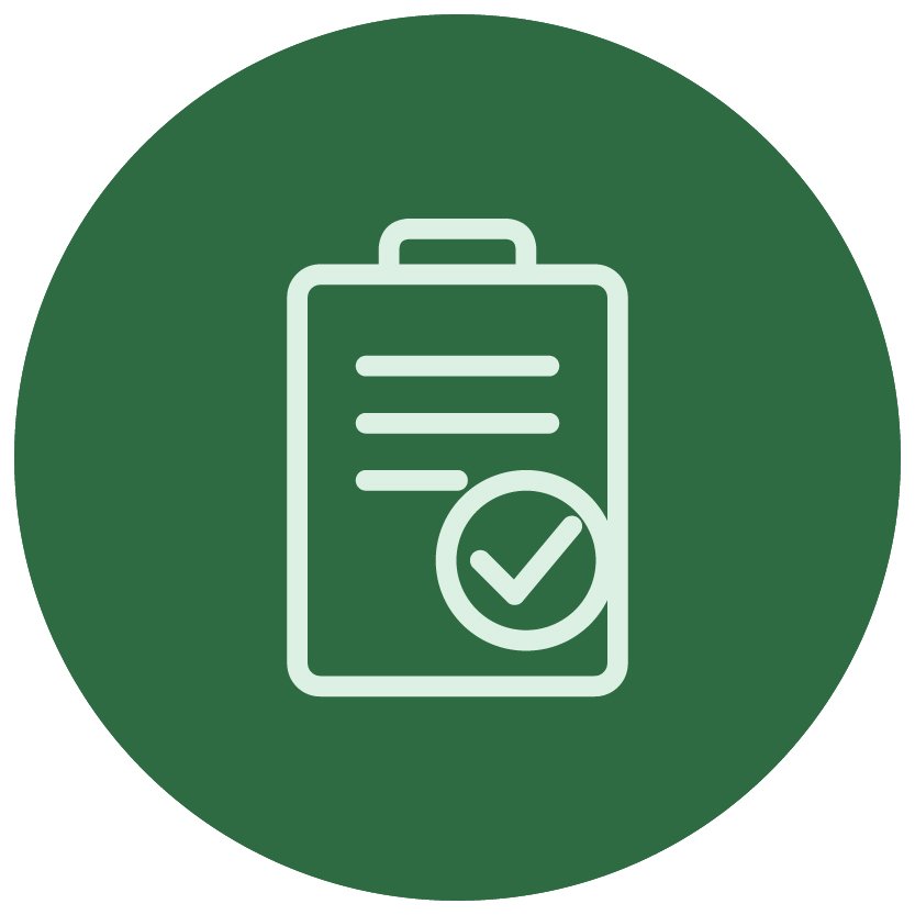 Icon of a clipboard with a checkmark, green background.