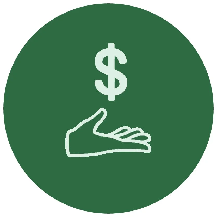 A green circular icon with a white outline of a hand and a dollar sign above it.