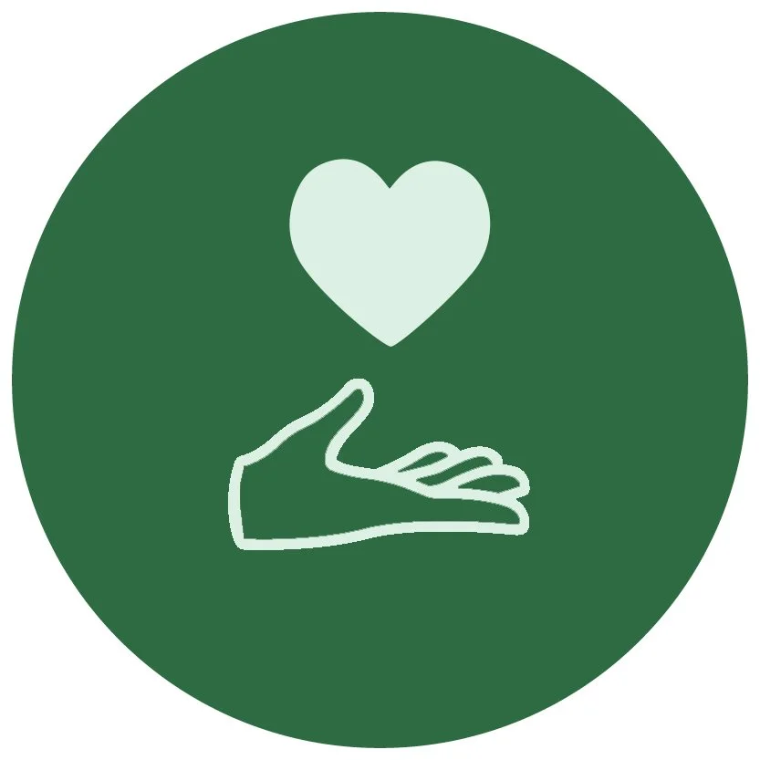 An icon of a hand reaching up with a heart above it, all inside a green circle.