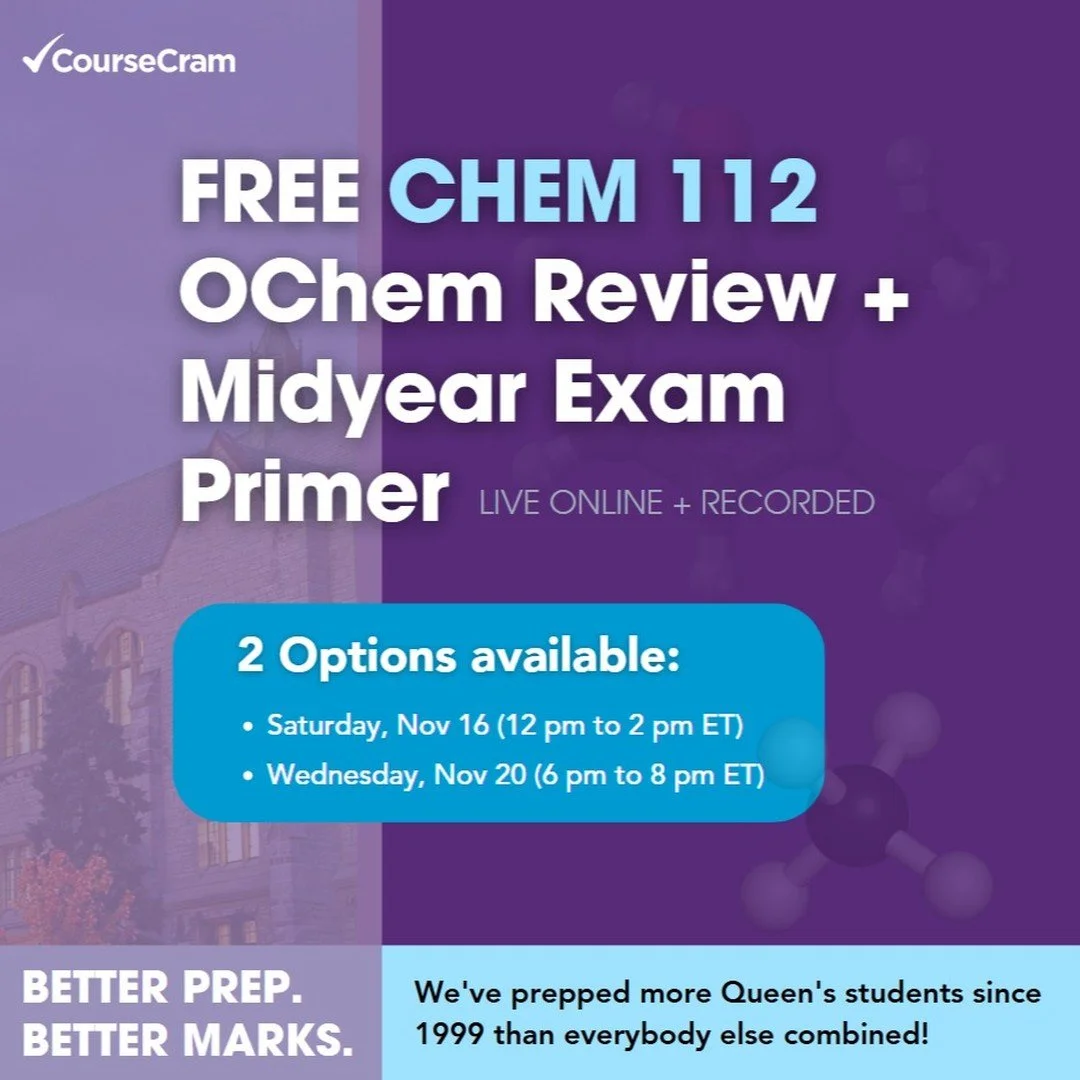 Hey Life Sci! If you're worried about the CHEM 112 exam, get a head start with CourseCram's superstar instructor Chad! He'll review the organic chemistry content you need to know and solve sample questions! And it's FREE! 
Go to coursecram.com/queen