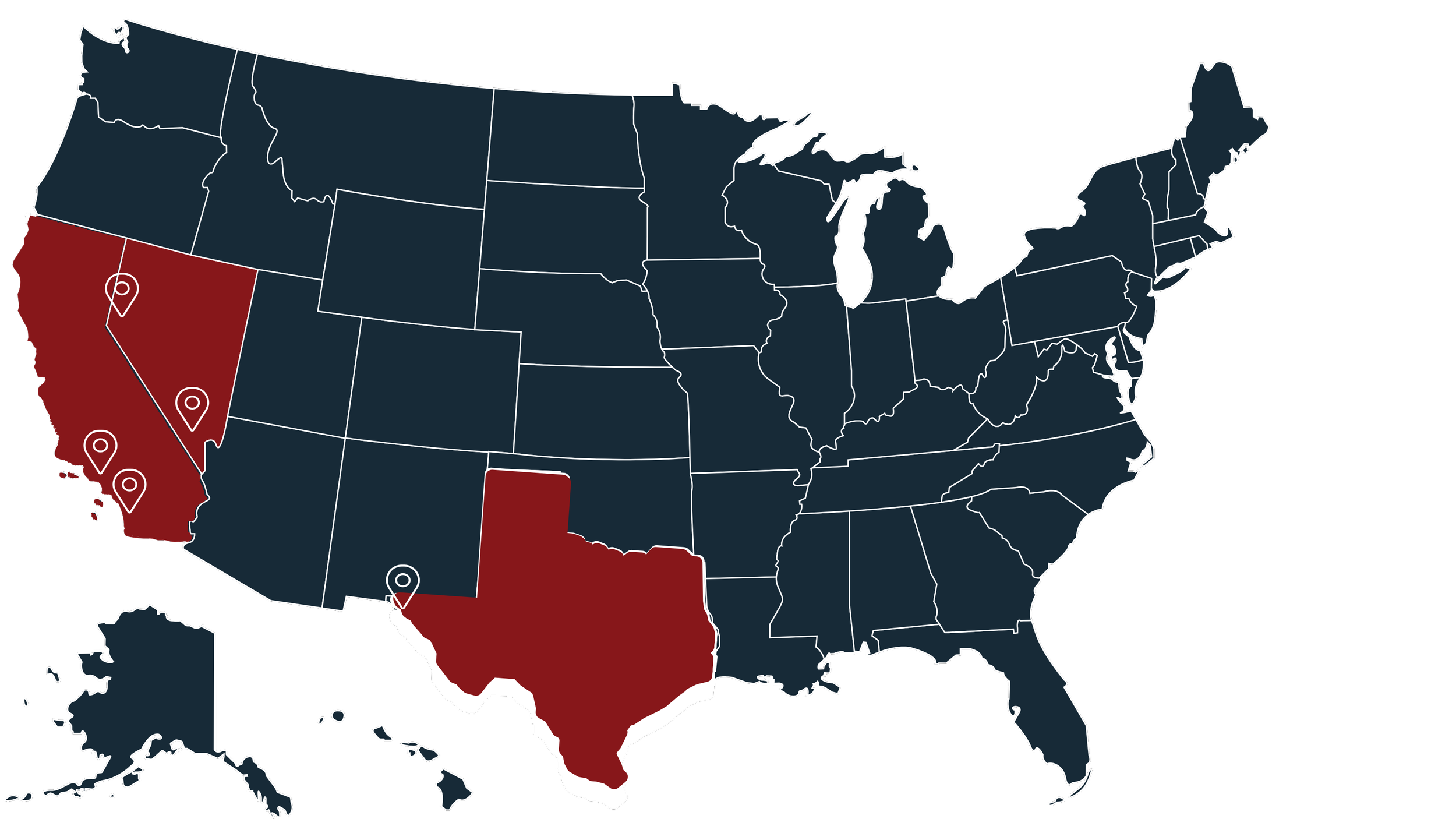 A map of the United States highlighting California, Texas, Florida, and New York in red, with icons indicating specific locations within these states.