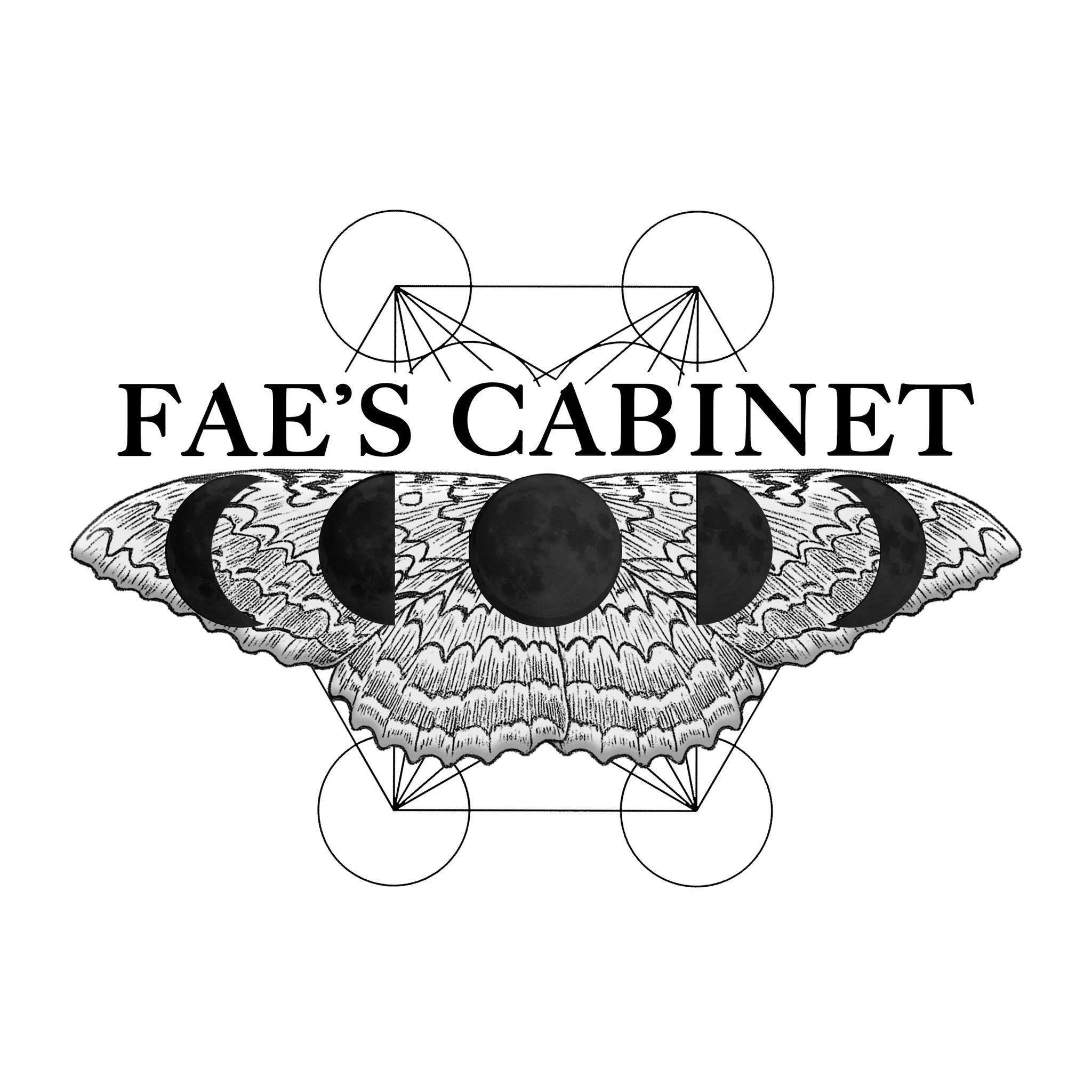 A black and white artistic design featuring a butterfly with moon phases and geometric elements, with the text 'Fae's Cabinet' above it.
