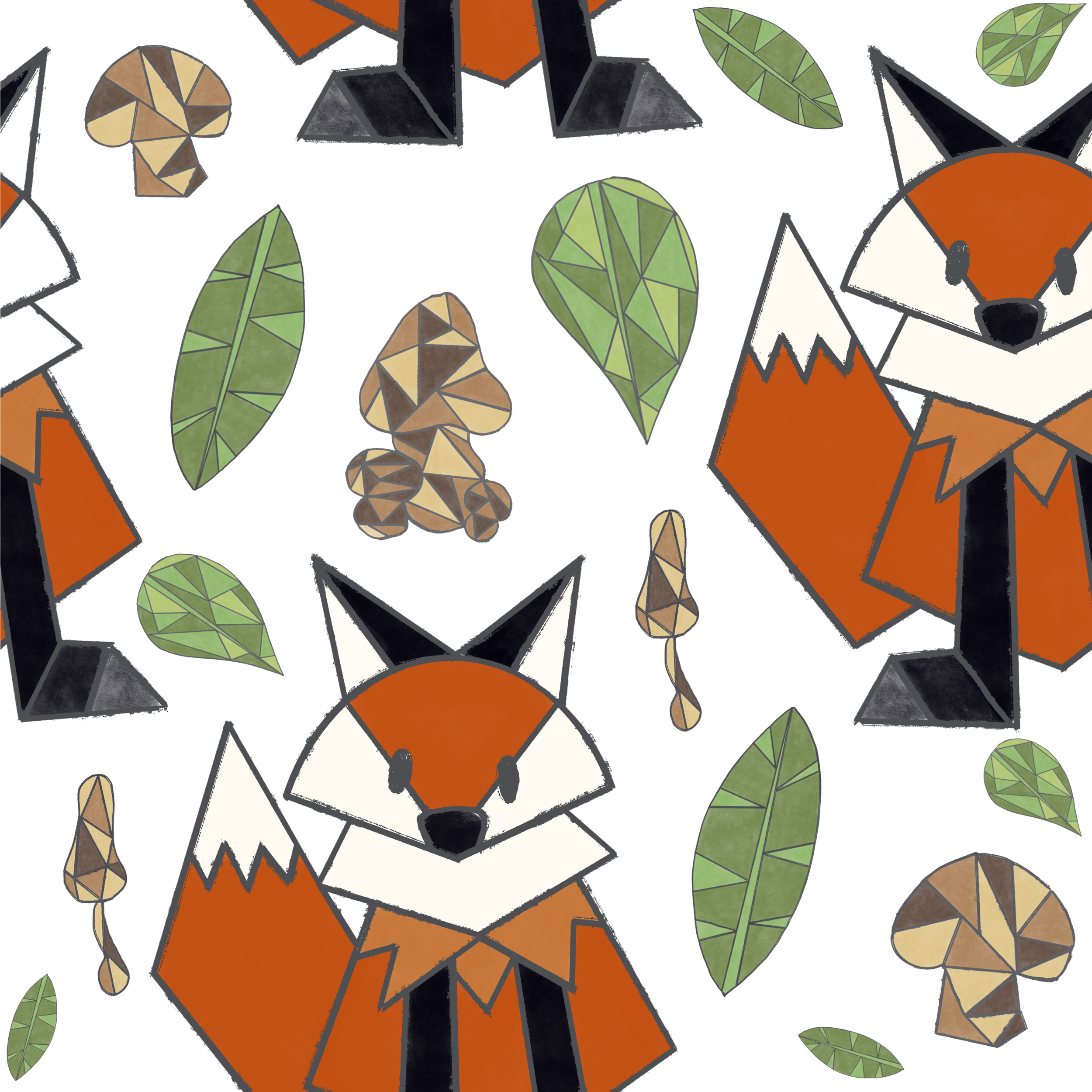 Stained glass fox and forest mushrooms pattern