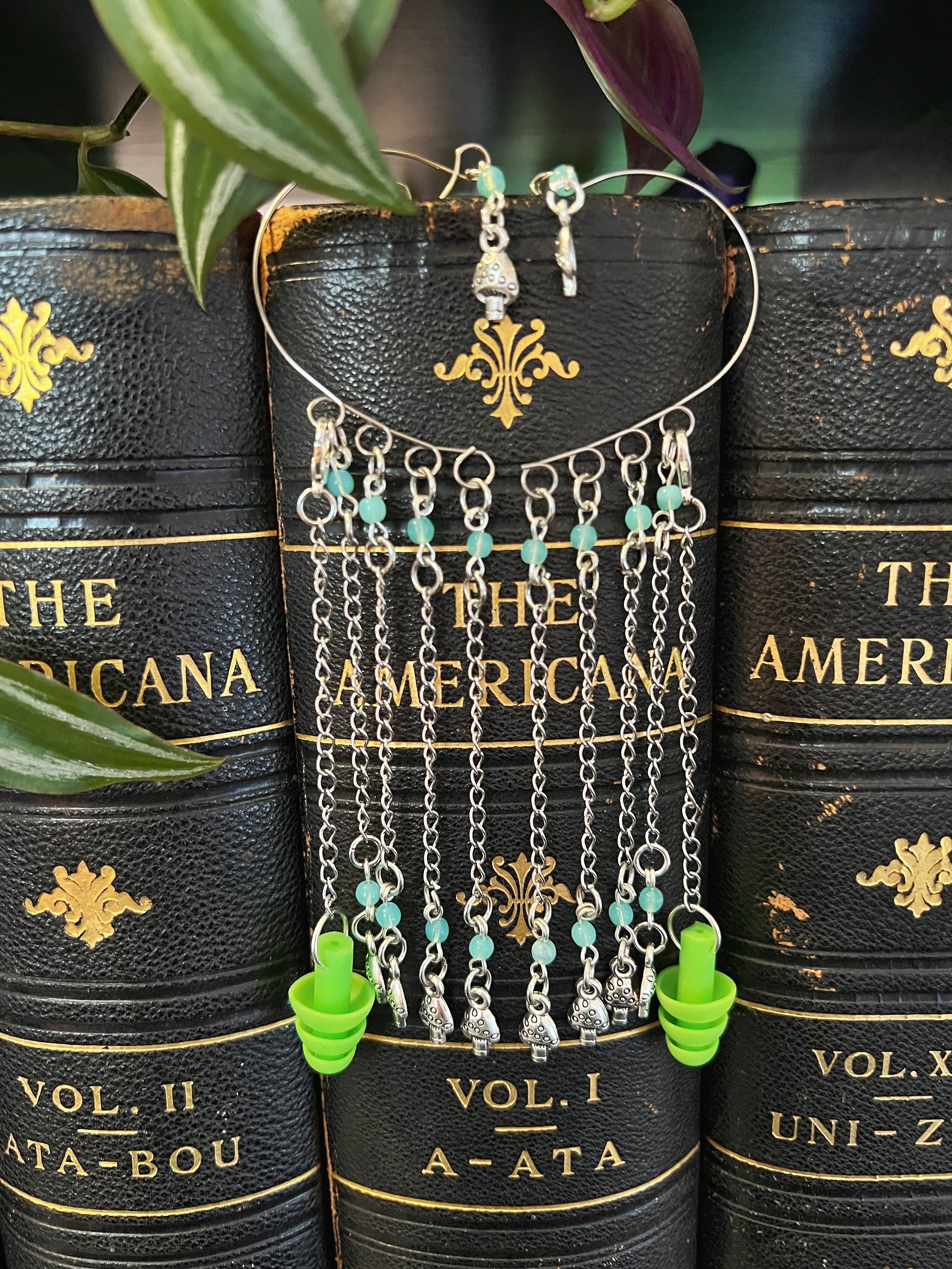 Czech Uranium Glass Earplug Silver Ear Cuffs with small mushroom Charms - Sensory Jewelry for Sound Sensitivity