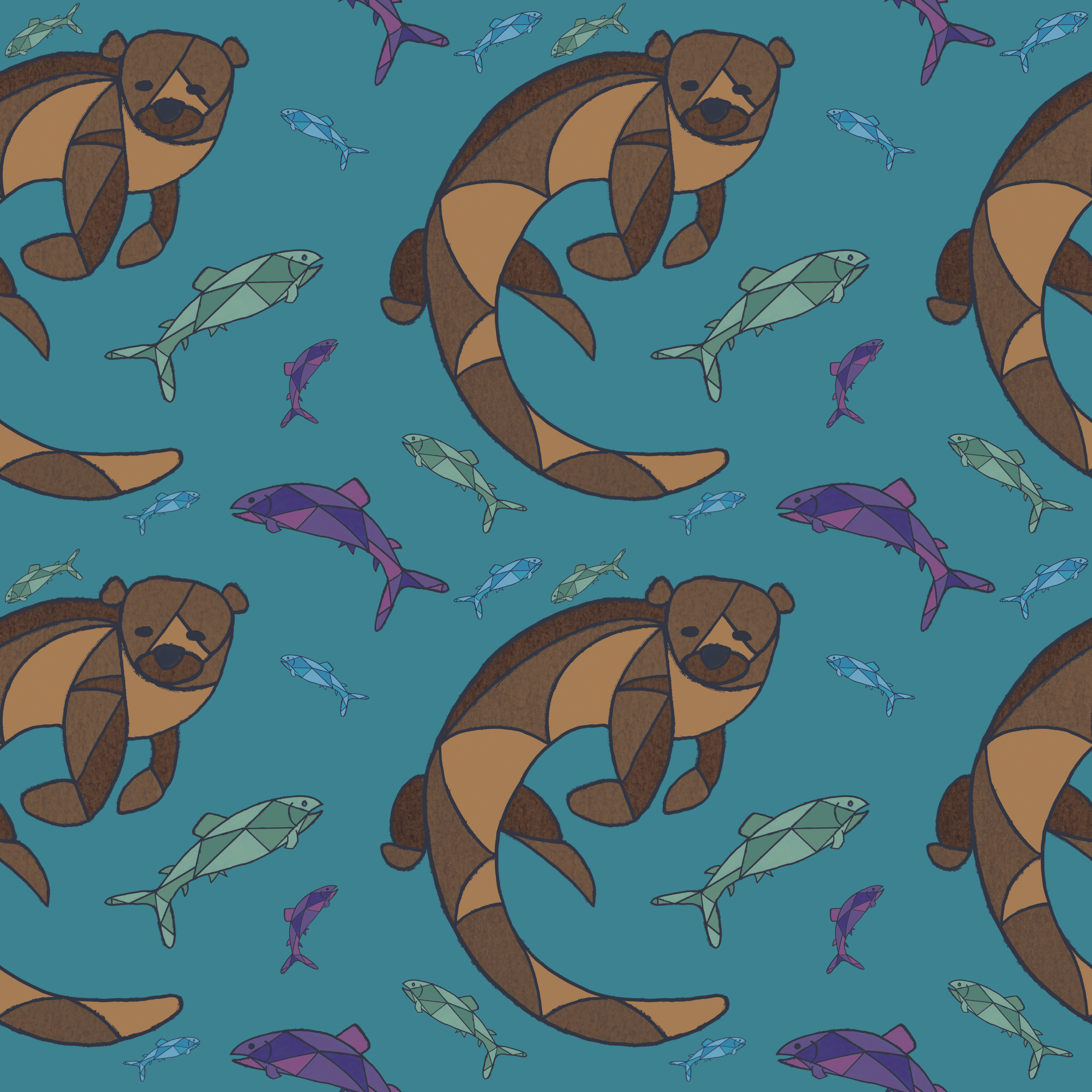 Cute stained glass otters and fish pattern