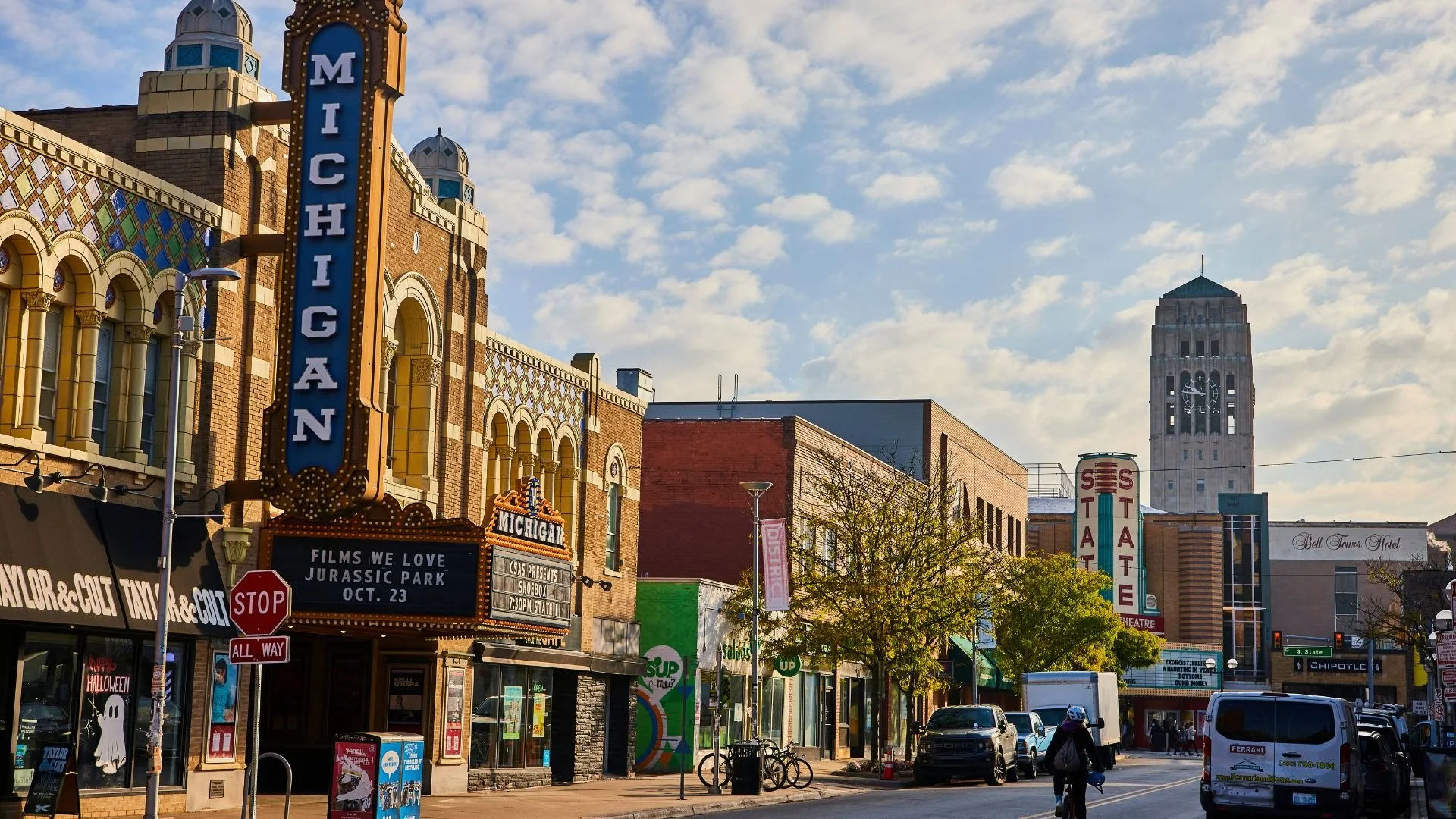 sunny day in downtown ann arbor and michigan theater