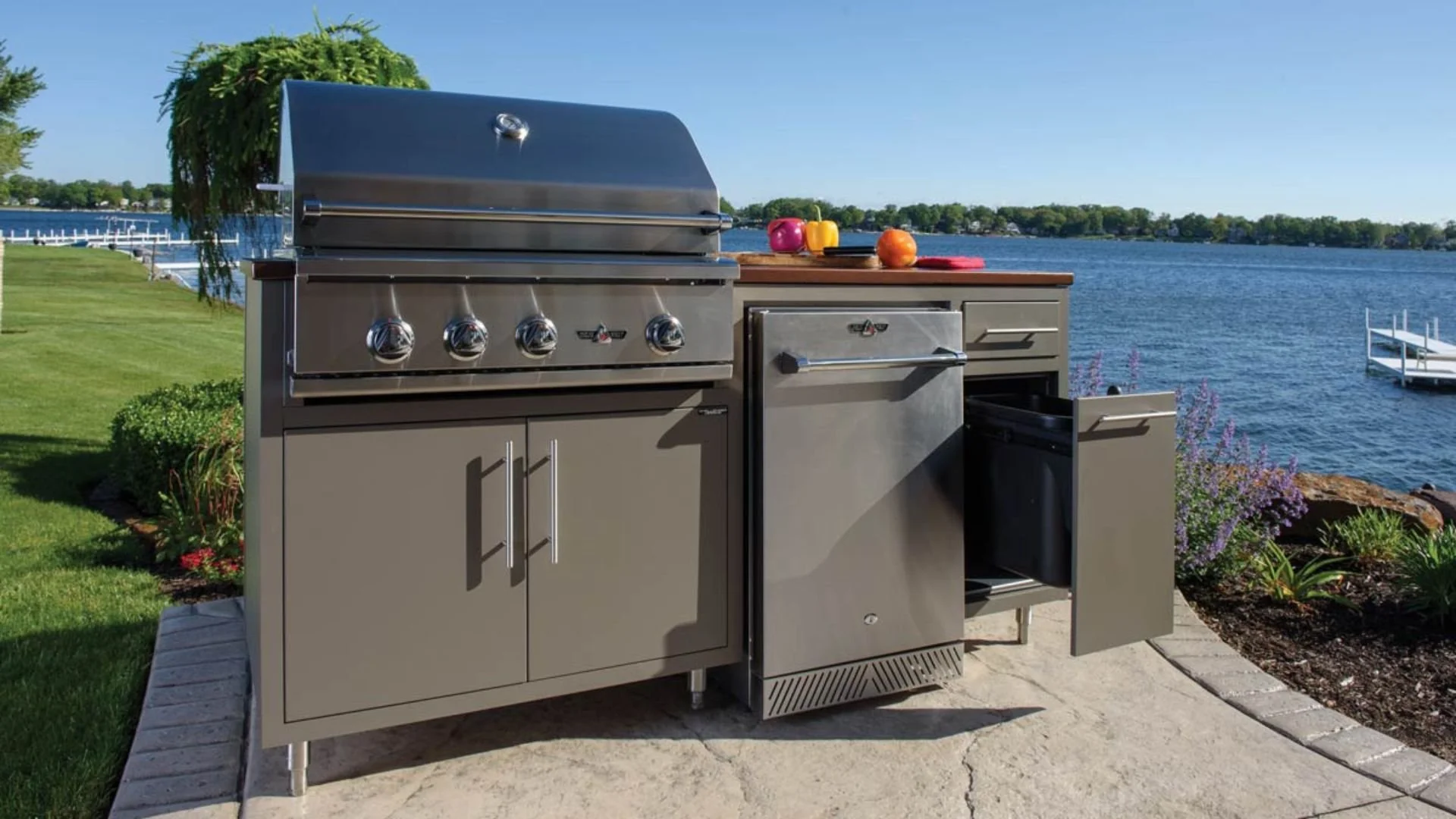 lakefront stainless steel outdoor kitchen