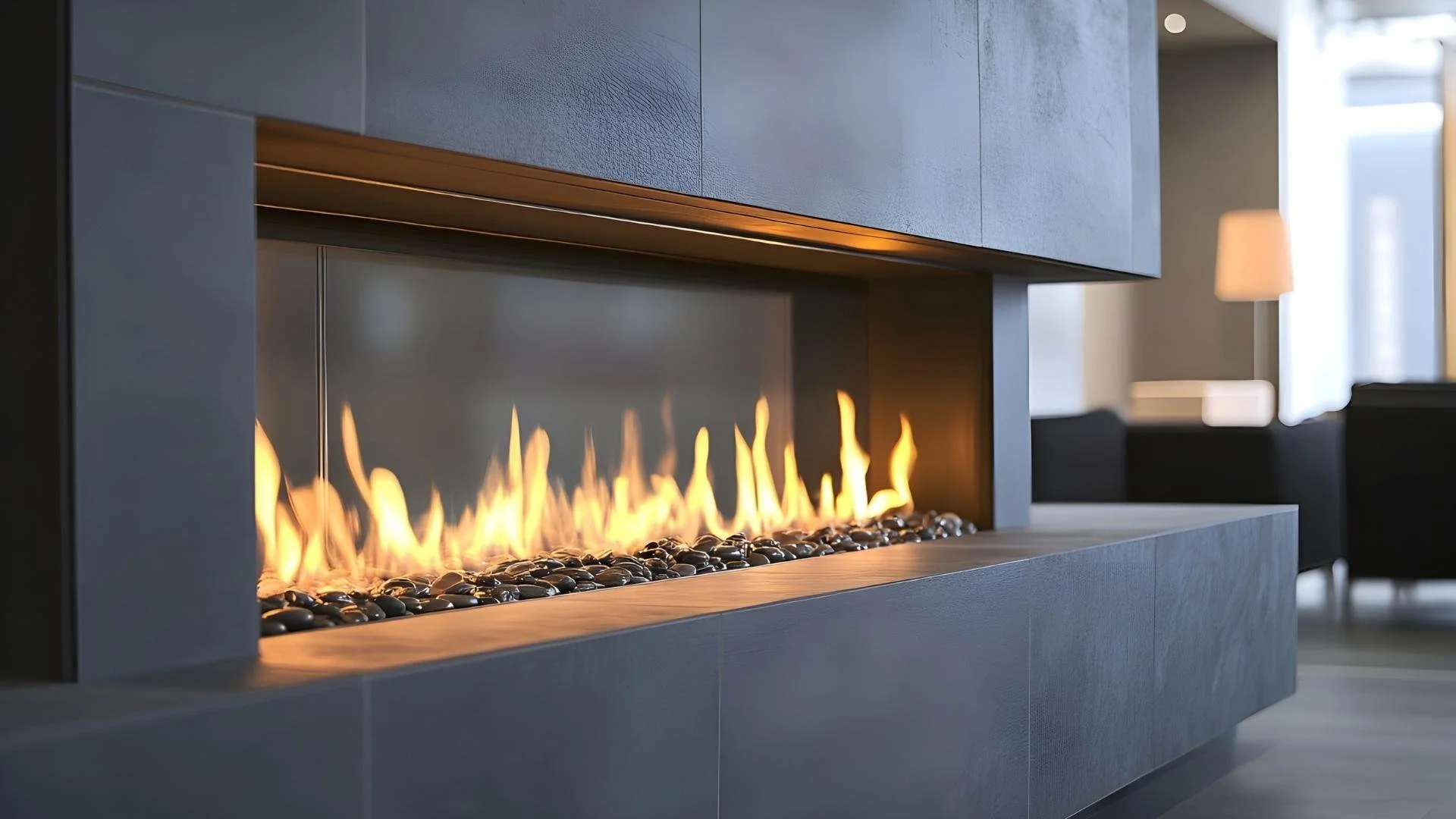 modern electric fireplace with rocks as the base