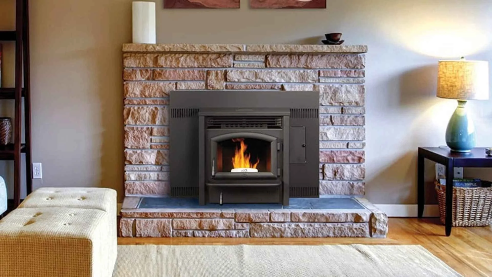 pellet insert surrounded by red/brown brick