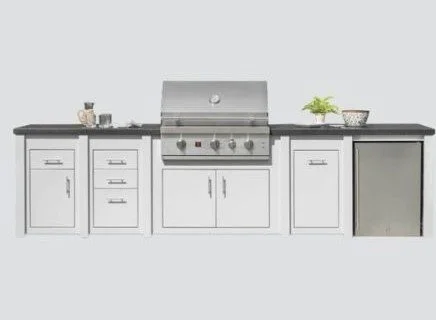 outdoor kitchen and grill set with white finish and fridge