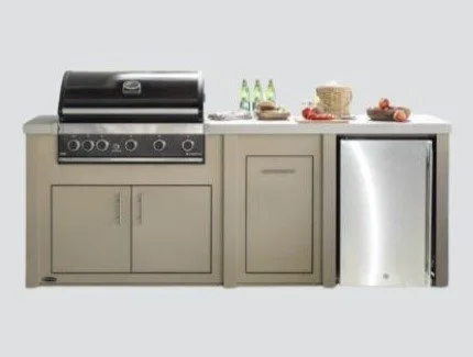 98" outdoor kitchen model with beige finishing and a fridge