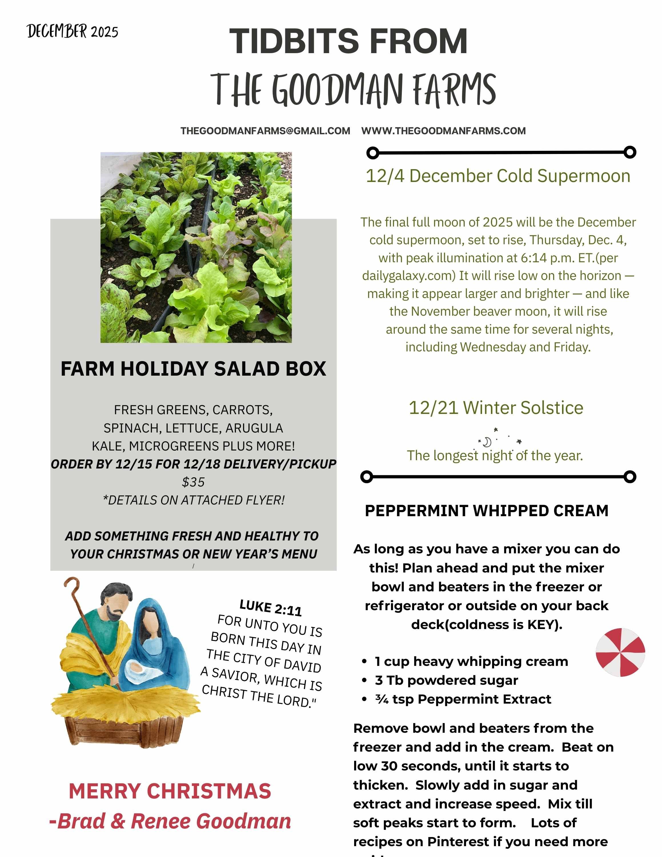 December 2025 farm newsletter with tips about December cold supermoon, winter solstice, farm holiday salad box, peppermint whipped cream recipe, and Christmas greeting with an illustrated nativity scene.