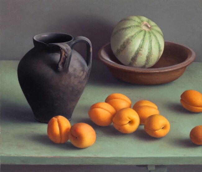 SOLD Still Life with Black Vase and Apricots