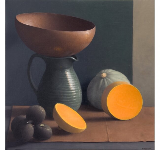 Still Life with Cut Squash and Copper Bowl