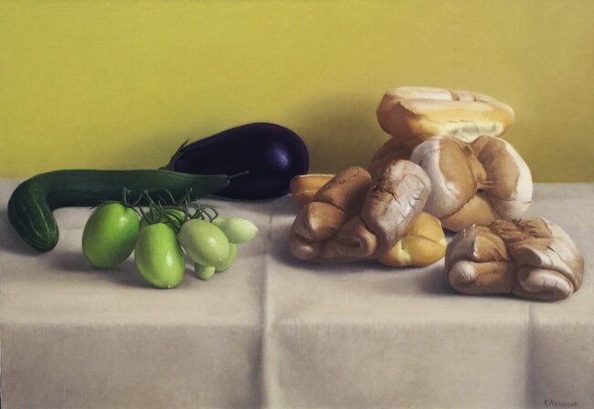 Still Life with Green Tomatoes and Bread