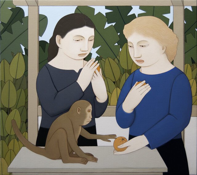 Two Women Feeding a Monkey, oil on linen, 18 x 20