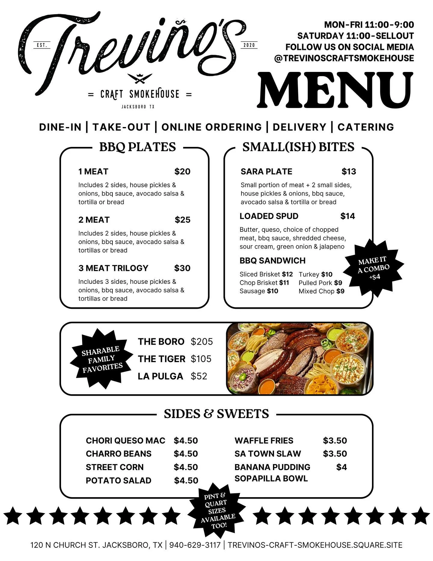 🚨 NEW MENU DROP! 🚨
Because y&rsquo;all know Sara never sleeps! 😅

Our brand-new menus are hot off the press &mdash; come grab one today and take it home so you always know what&rsquo;s smokin&rsquo; at Trevi&ntilde;o&rsquo;s Craft Smokehouse 🔥

?