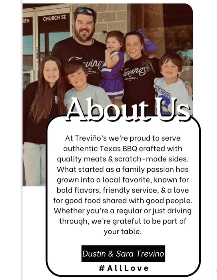 📣 Come by Trevi&ntilde;o&rsquo;s for lunch or dinner today! 🍽️

Grab your favorite barbecue plate and take home one of our brand-new menus &mdash; fresh off the press! 🔥
Learn a little more about who we are, our story, and all the services we offe