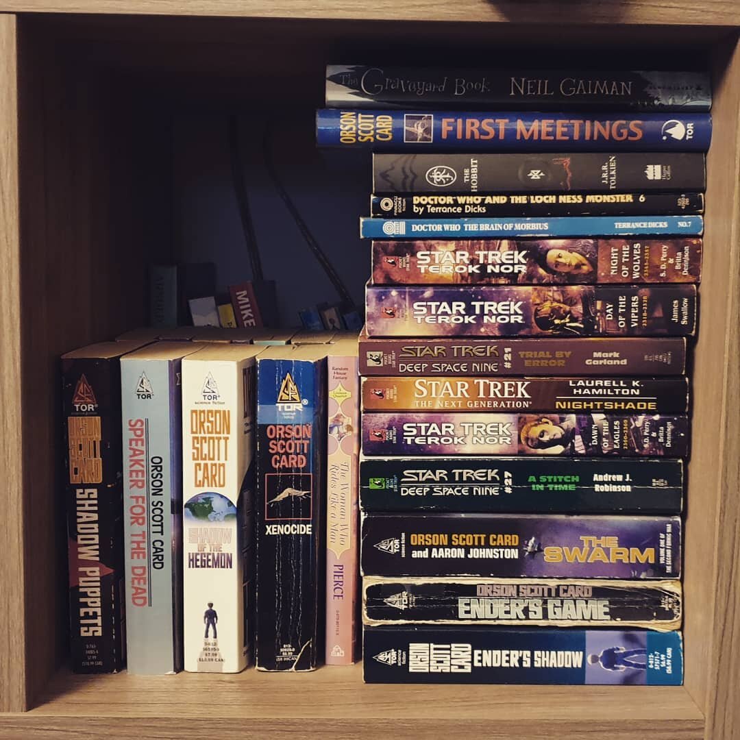 #Shelfie spotlight: I don't think anything in this photo was purchased new/full price, despite the fact that Sci-Fi was my first beloved genre (and not one I get much chance to read anymore).

This fraction of my sci-fi block has travelled with me fo