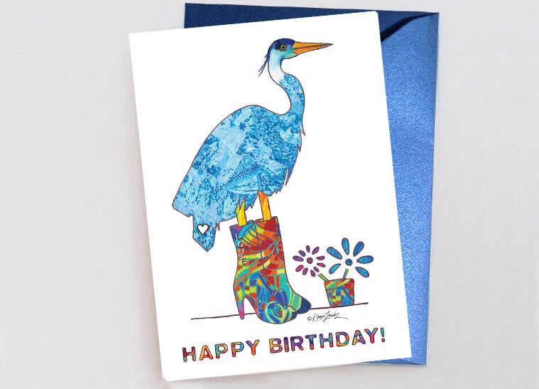 BD023 Happy Birthday Blue Heron 5 in. x 7 in.  Colored Pencil / Blank Inside