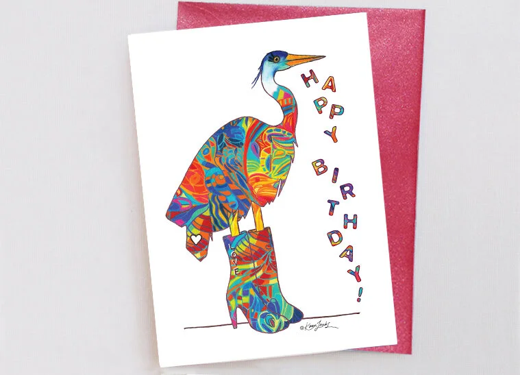 BD022 Happy Birthday Red Heron 5 in. x 7 in.  Colored Pencil / Blank Inside
