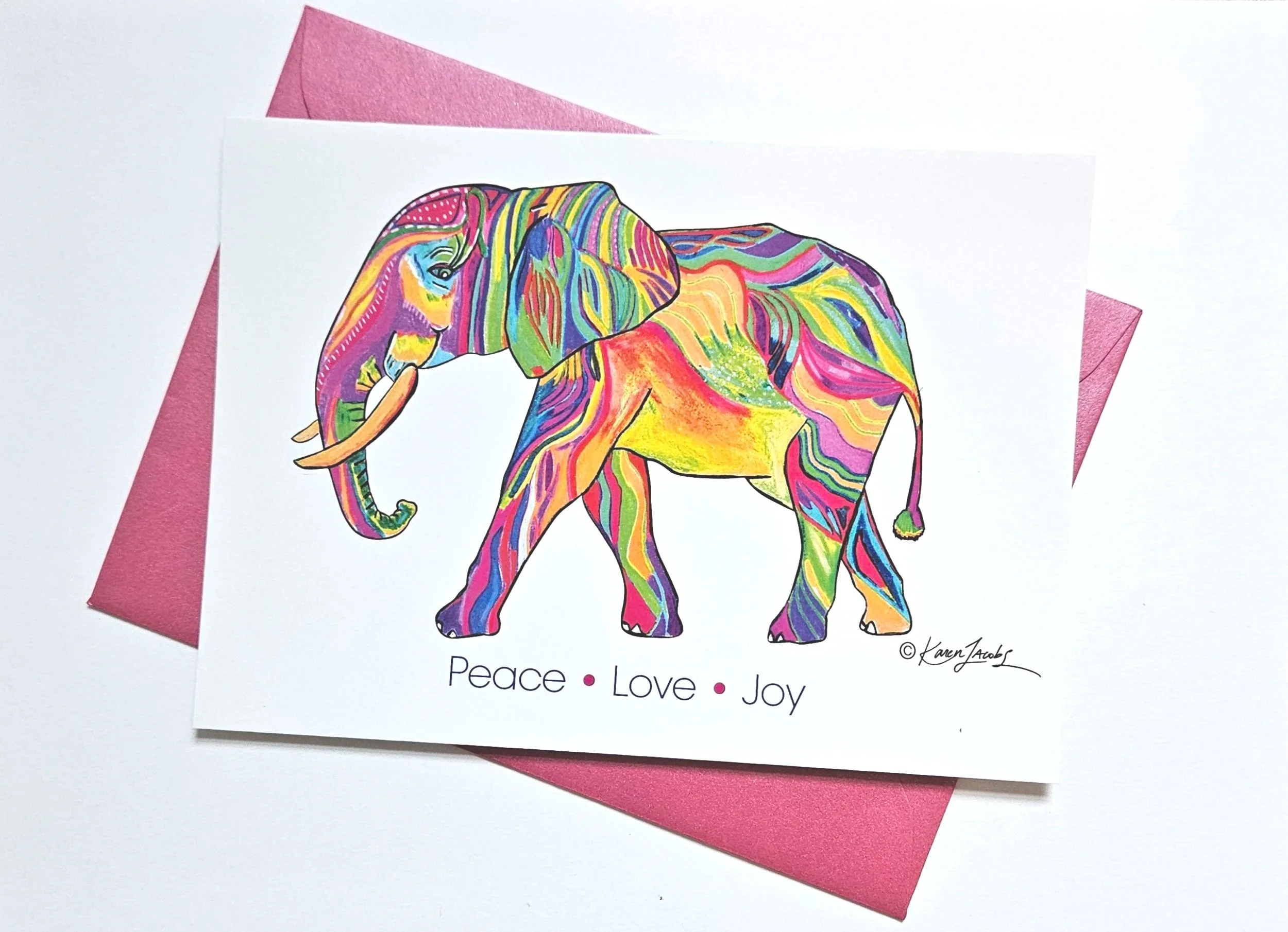 N077 PEACE LOVE JOY Elephant  5 in. x 7 in. Colored Pencil / Blank Inside