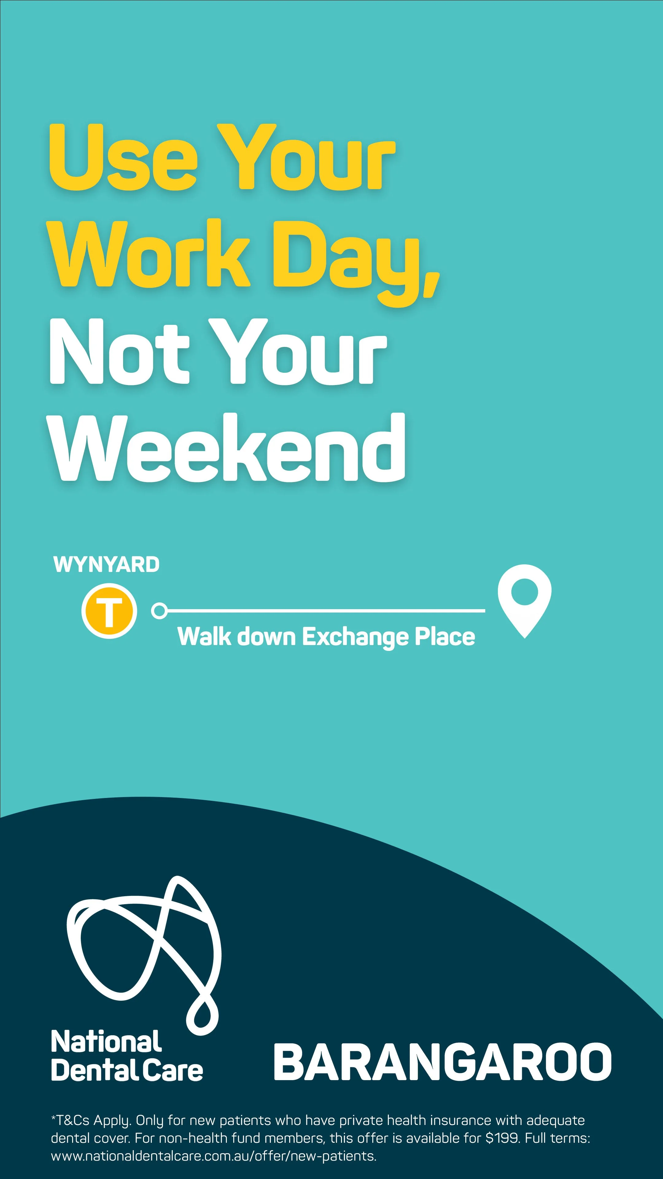 A promotional poster for National Dental Care with a message encouraging use of workdays for dental visits, featuring a map with a walking route from Wynyard station to Exchange Place, and contact information for new patients.