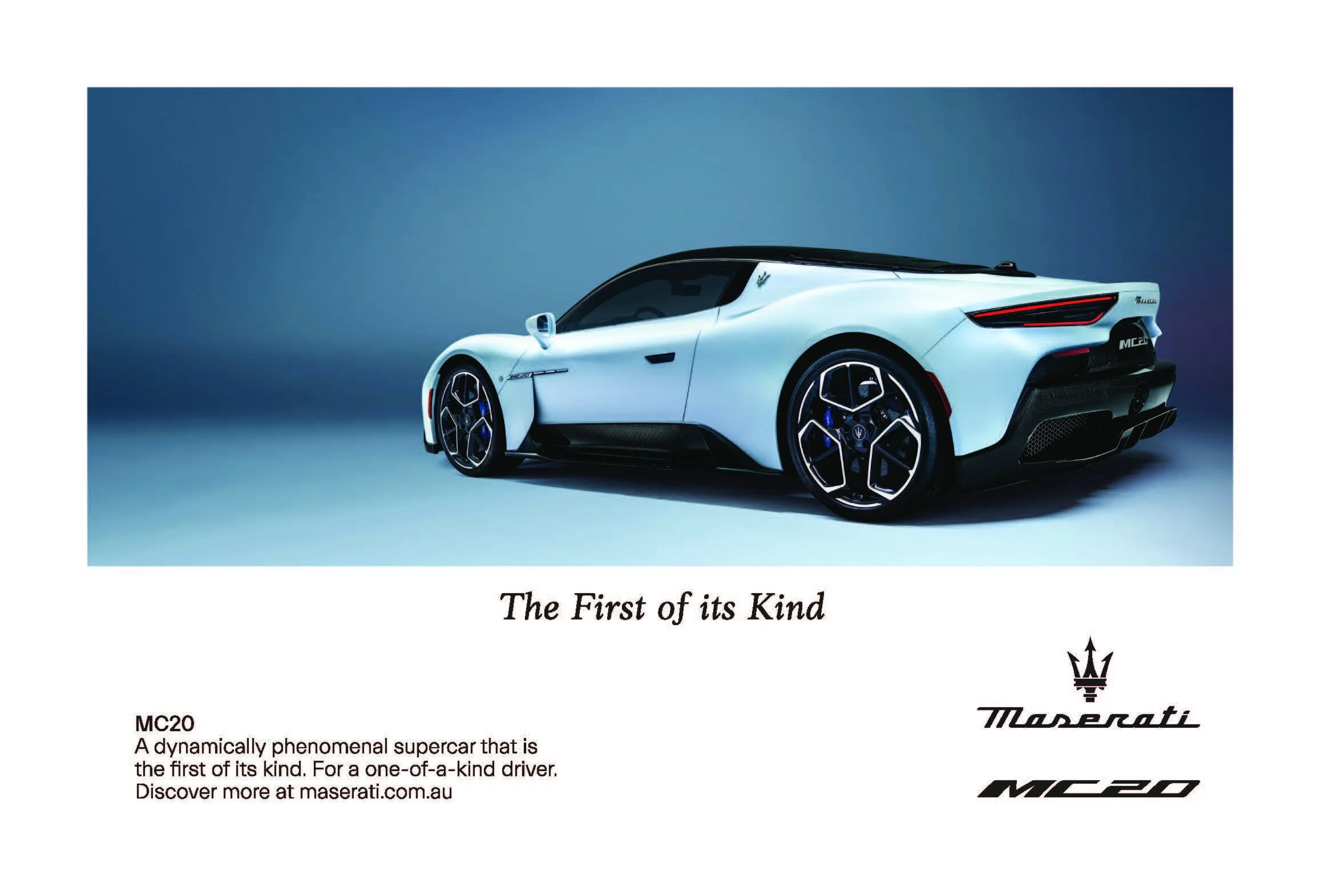 A white Maserati MC20 sports car with black accents, sleek design, and modern wheels, set against a blue gradient background.