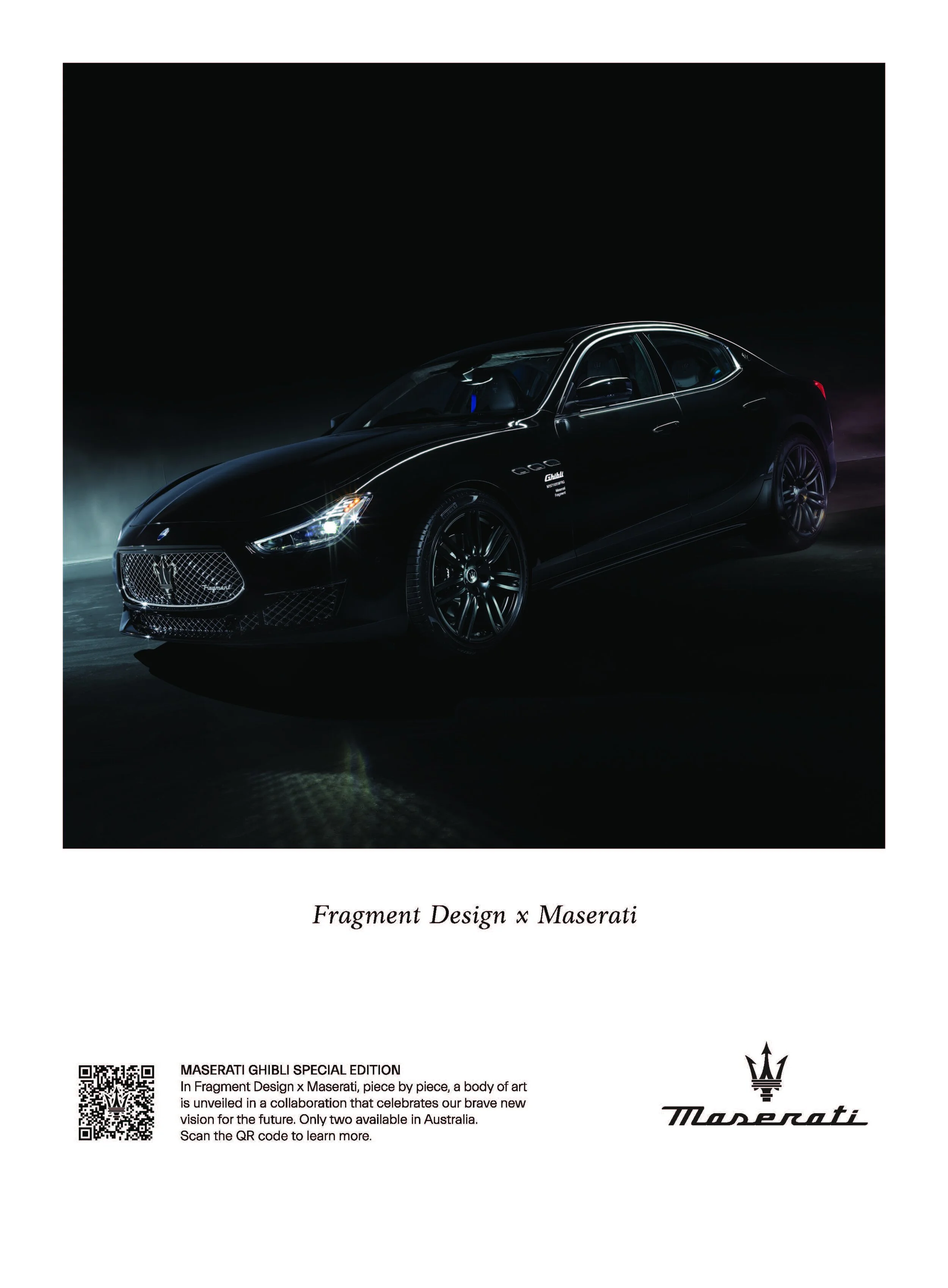 A black Maserati GranTurismo car in a dark setting, showcasing its sleek design and headlights, with branding and promotional text below.