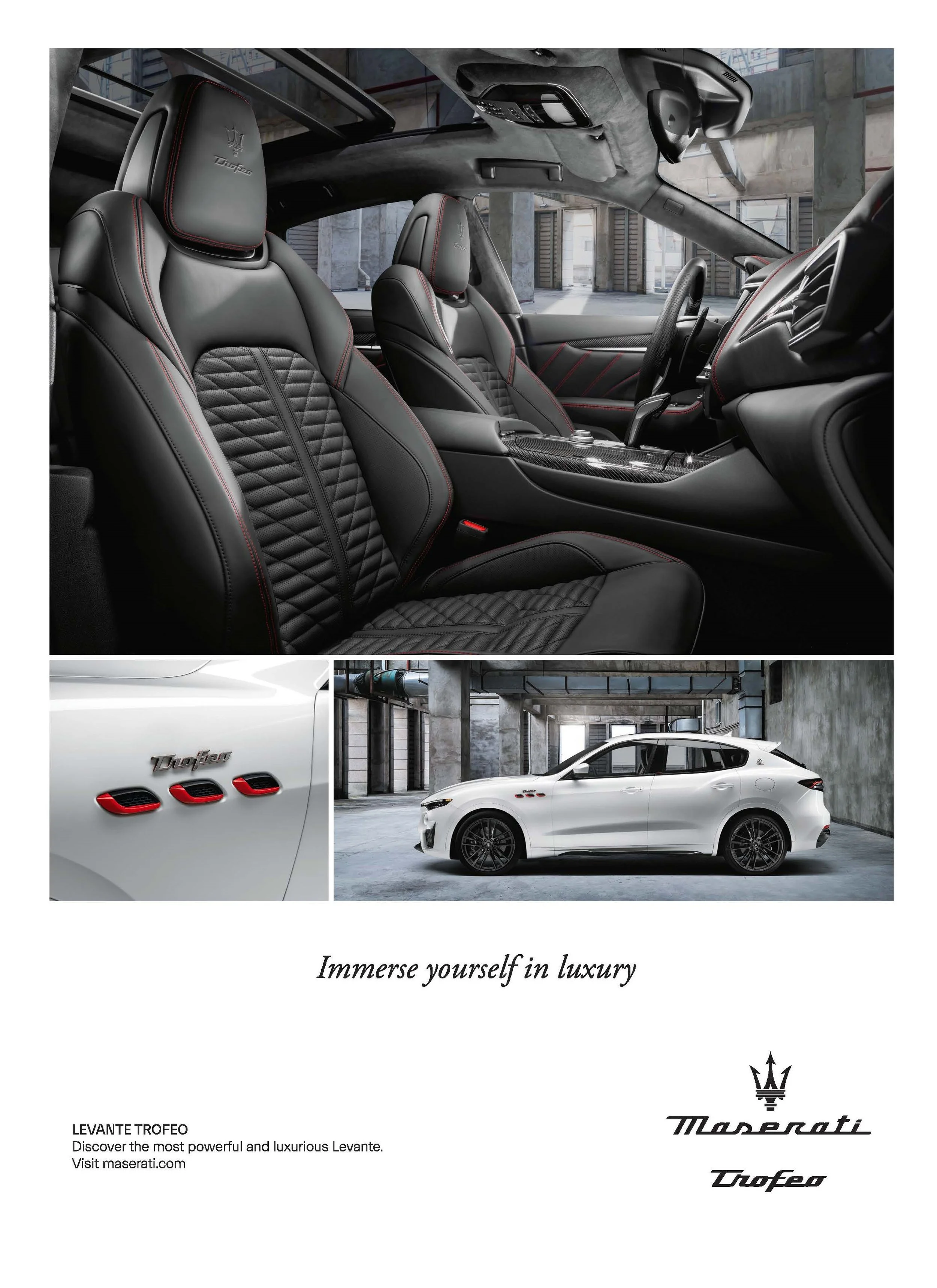 Interior view of a luxury Maserati Levante Trofeo, showing black leather seats with red stitching, a view of the white exterior SUV with black wheels, and a close-up of the model badge with red accents, set in an industrial garage with concrete walls.