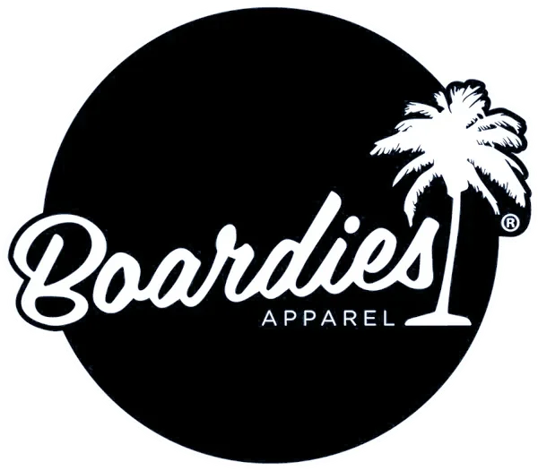 Black circle logo with white text reading "Boardies Apparel" and a white palm tree graphic.