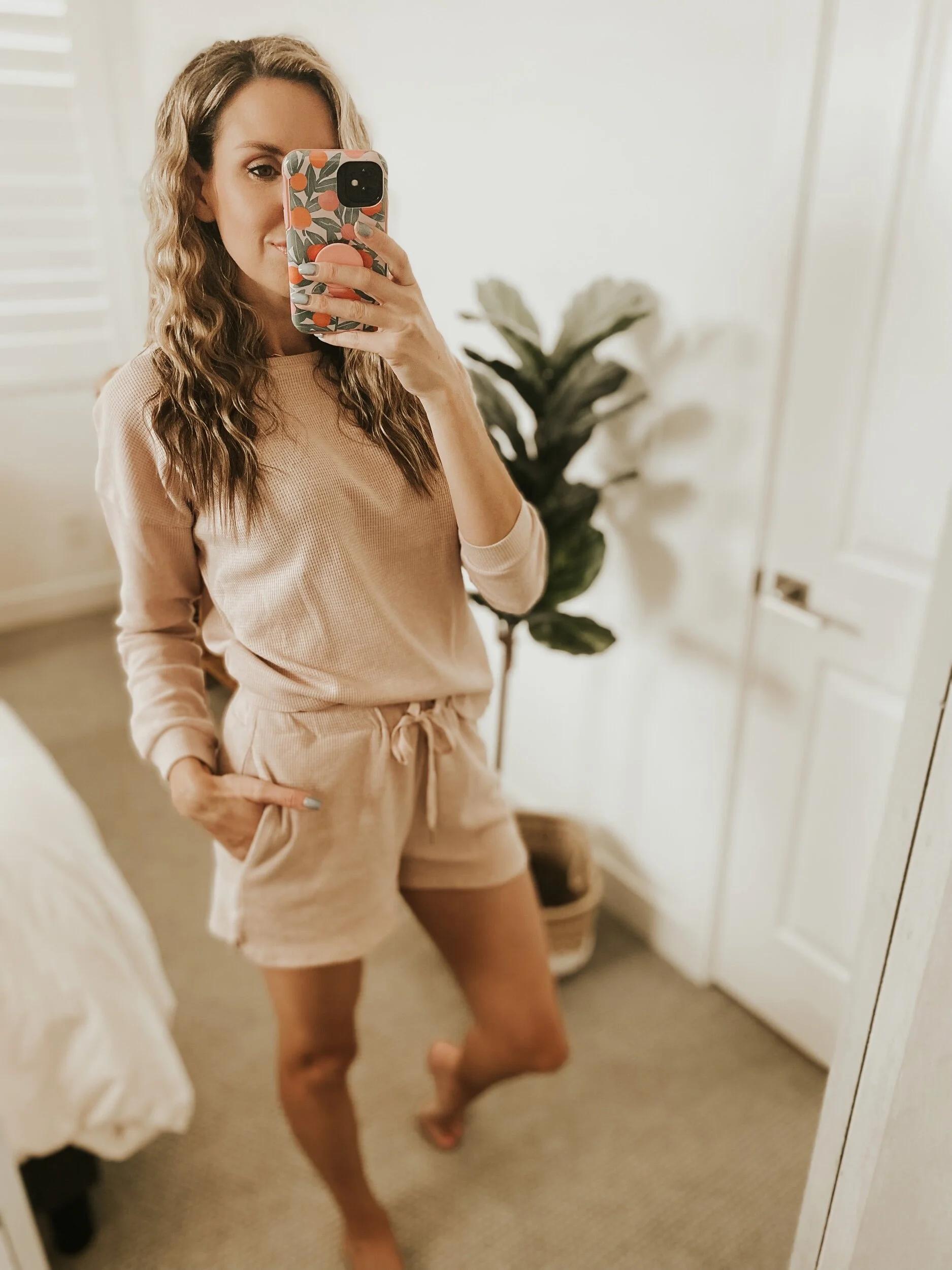 Waffle Knit Long Sleeve Top and Shorts Pajama Set