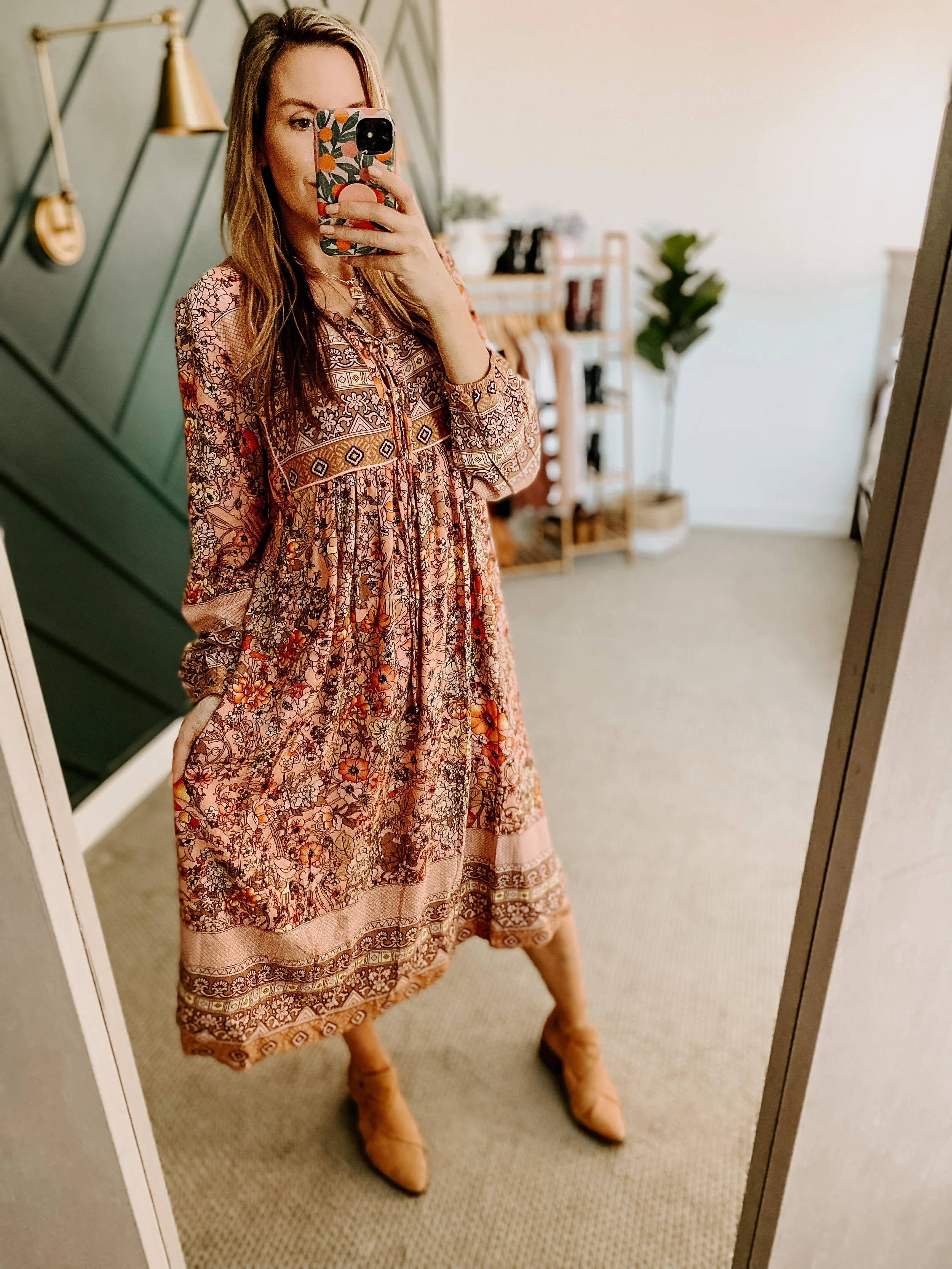 Long Sleeve Floral Print Retro Midi Dress